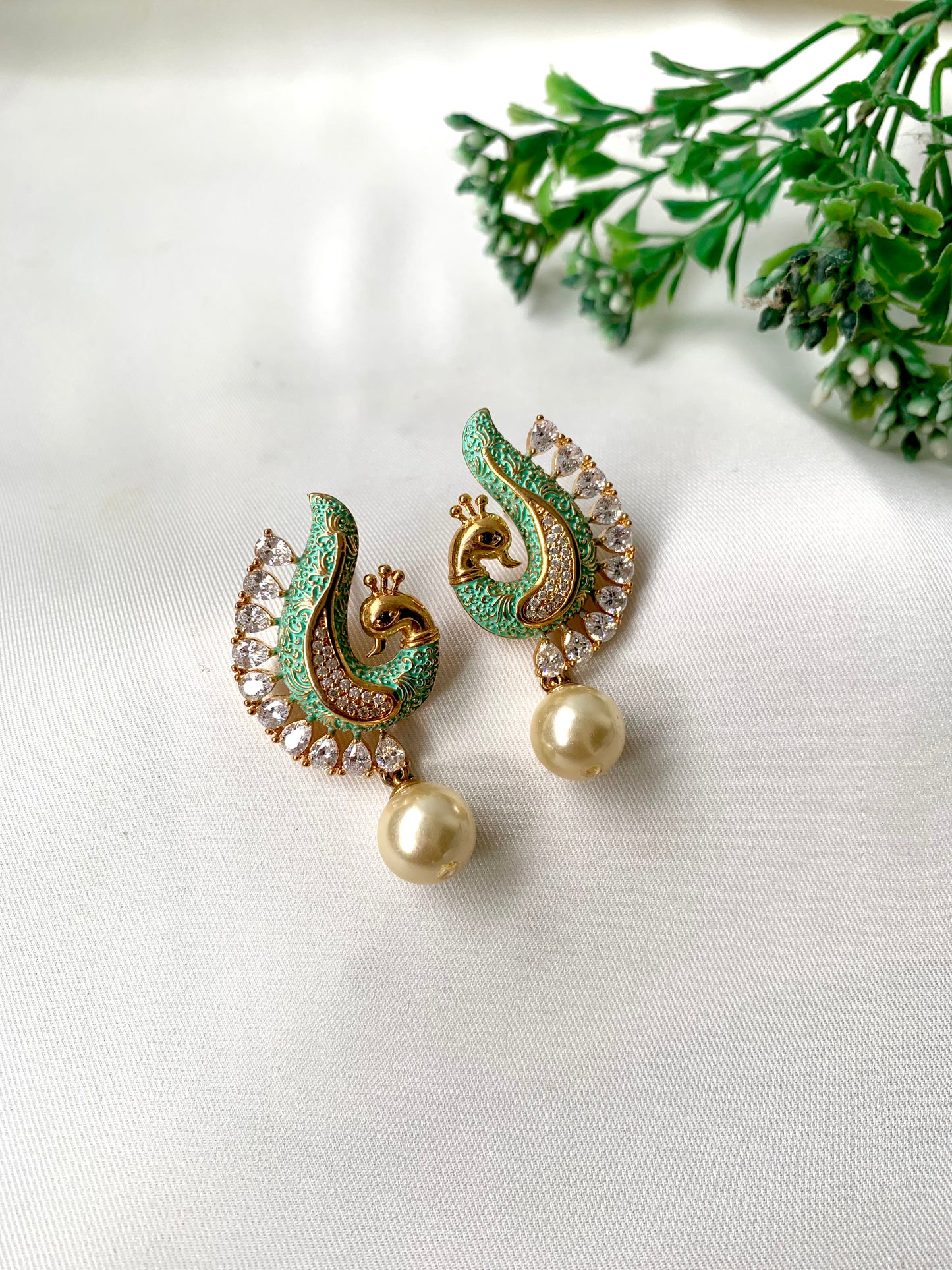 Handcrafted Mehvira Earrings in Mint Meena with Semi-Precious Pearl drop and American Diamonds by Zamal Jewels