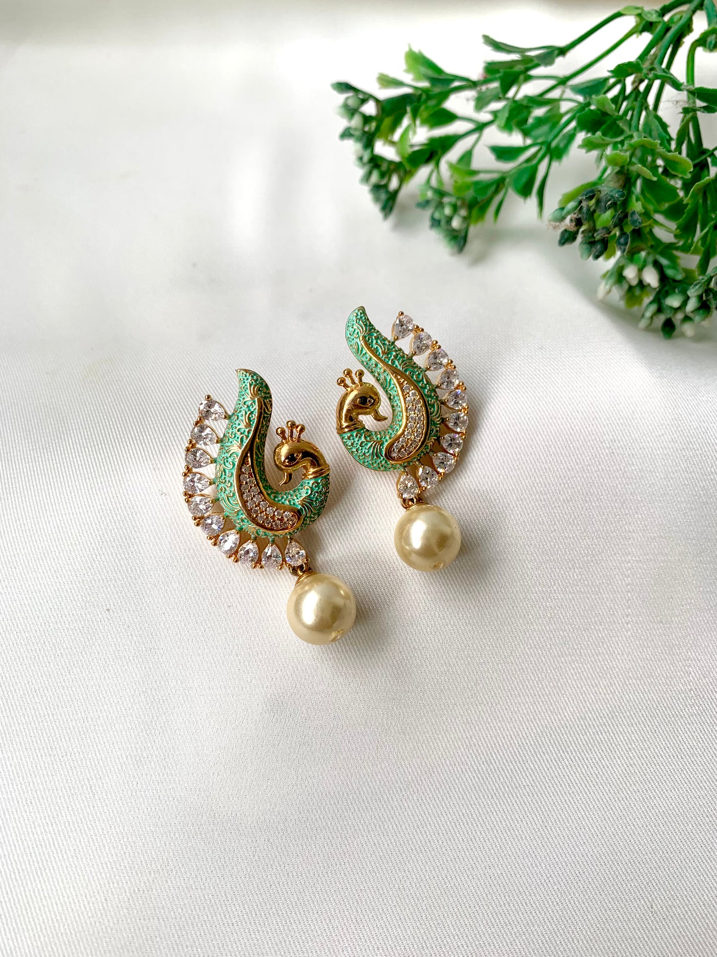 Handcrafted Mehvira Earrings in Mint Meena with Semi-Precious Pearl drop and American Diamonds by Zamal Jewels