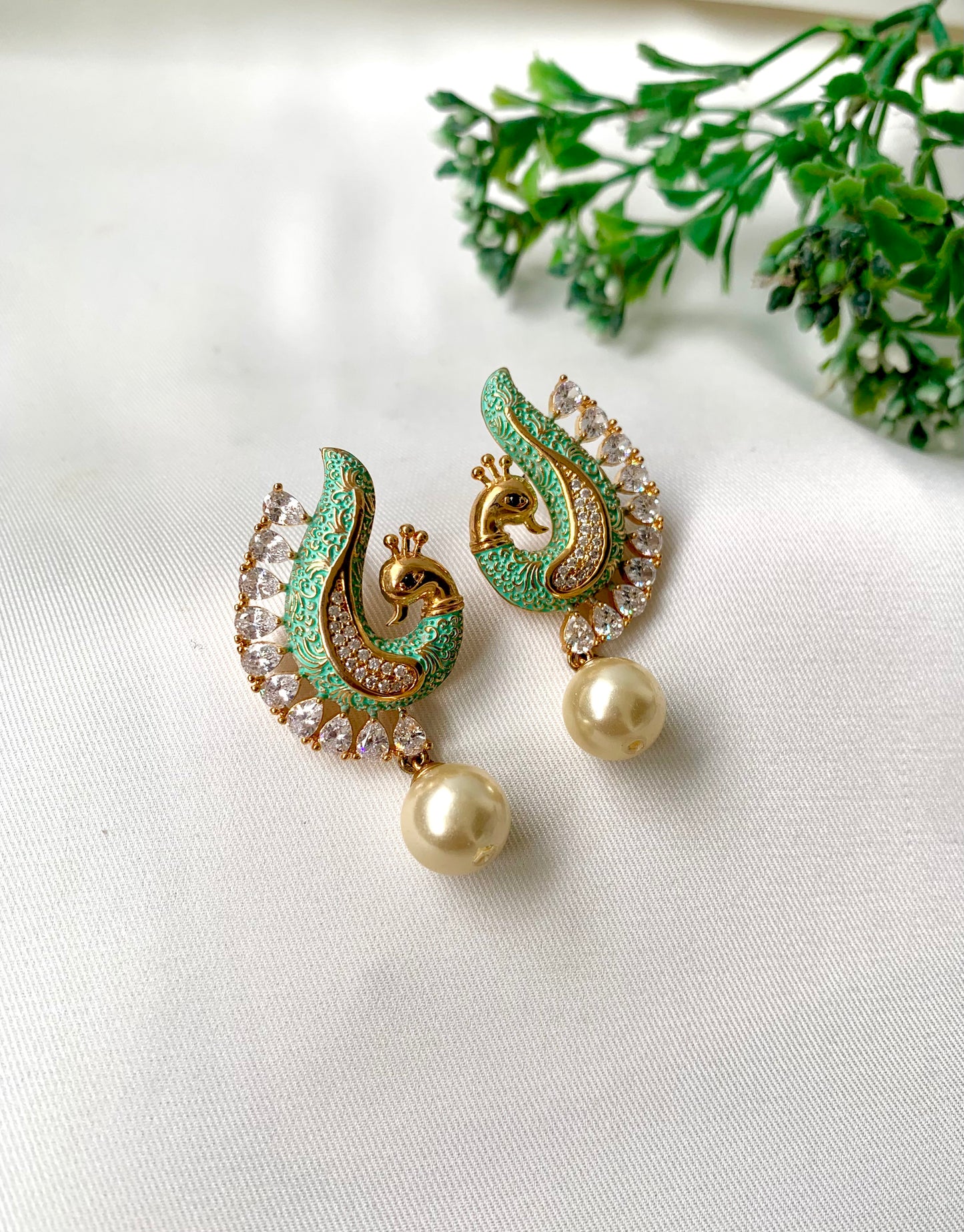 Handcrafted Mehvira Earrings in Mint Meena with Semi-Precious Pearl drop and American Diamonds by Zamal Jewels
