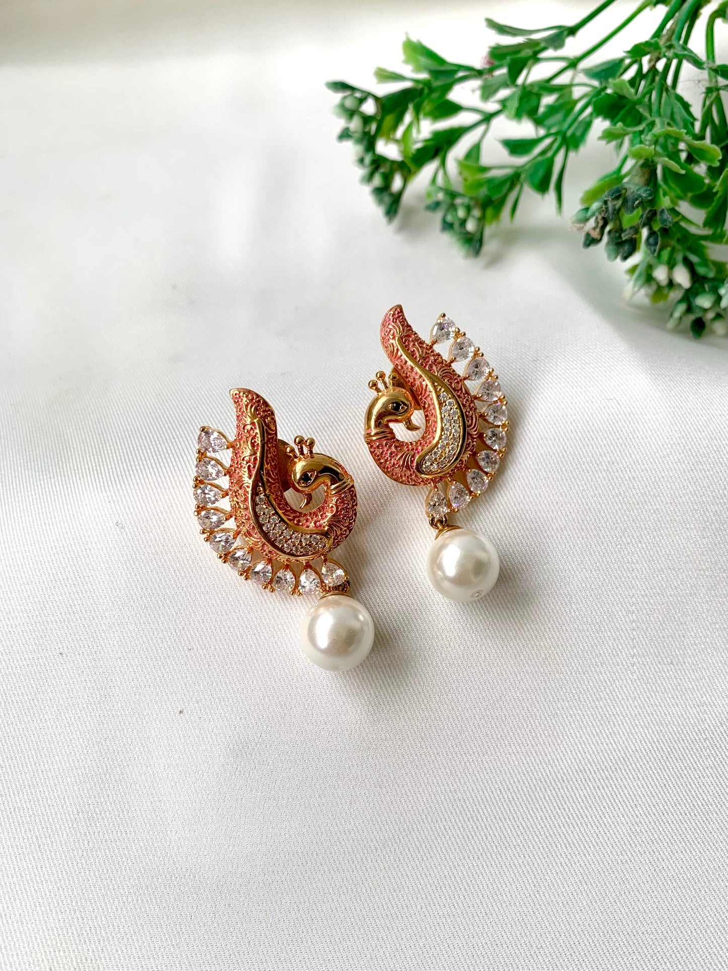 Handcrafted Mehvira Earrings in Pink Meena with Semi-Precious Pearl drop and American Diamonds by Zamal Jewels
