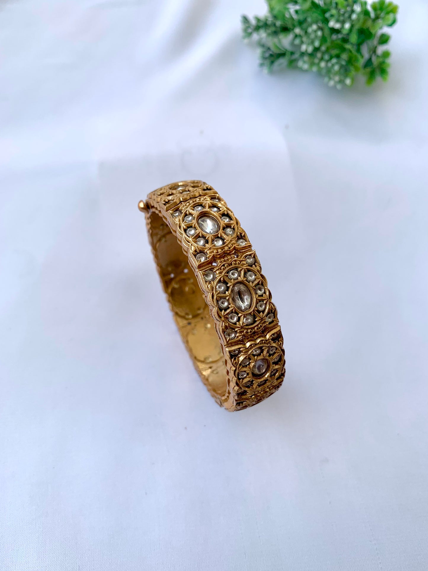 Mishal moissanite kundan bangle in victorian gold plating with openable screw design
