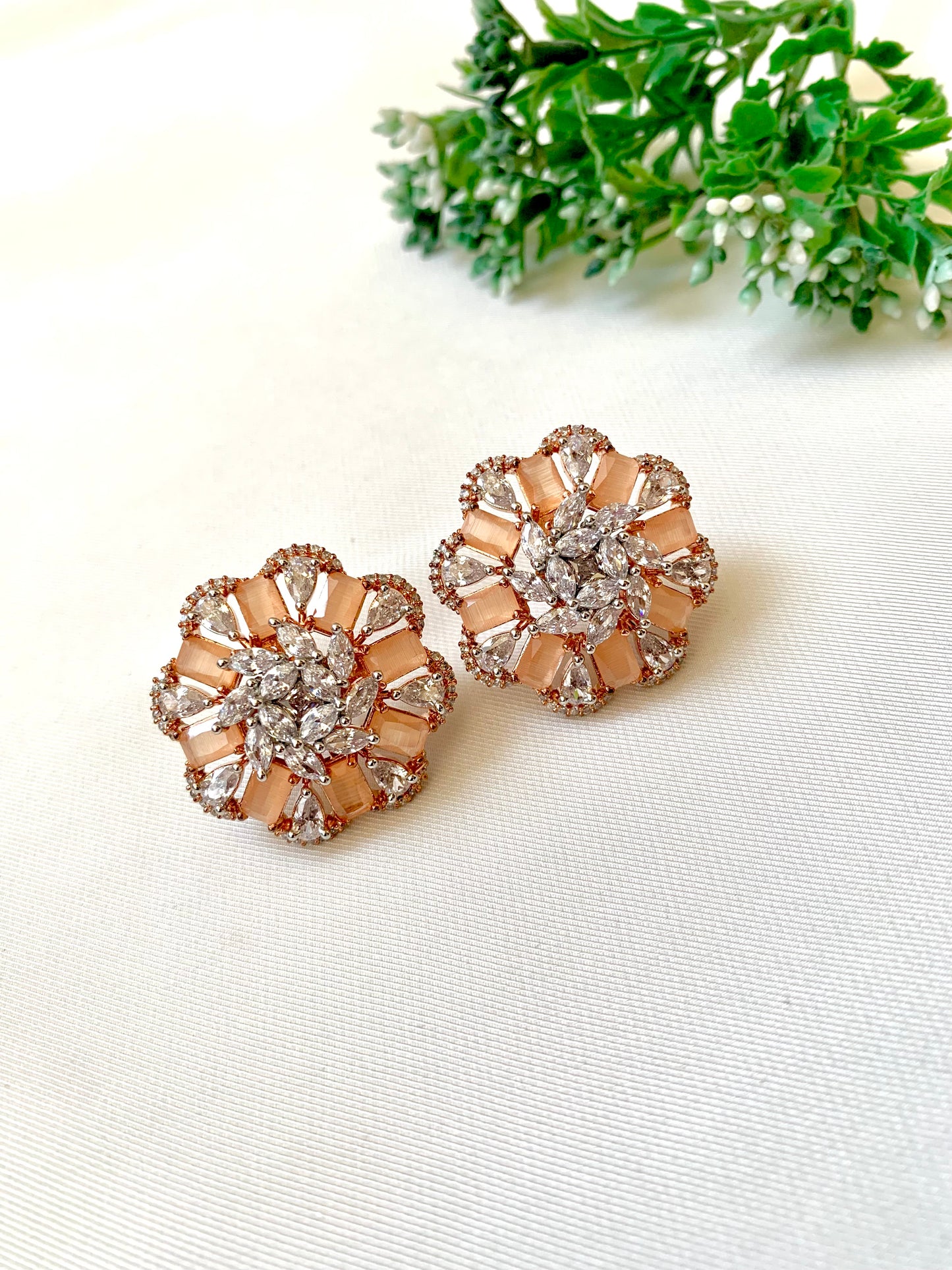 Moa orange onyx designer studs in rose gold plating with american diamonds