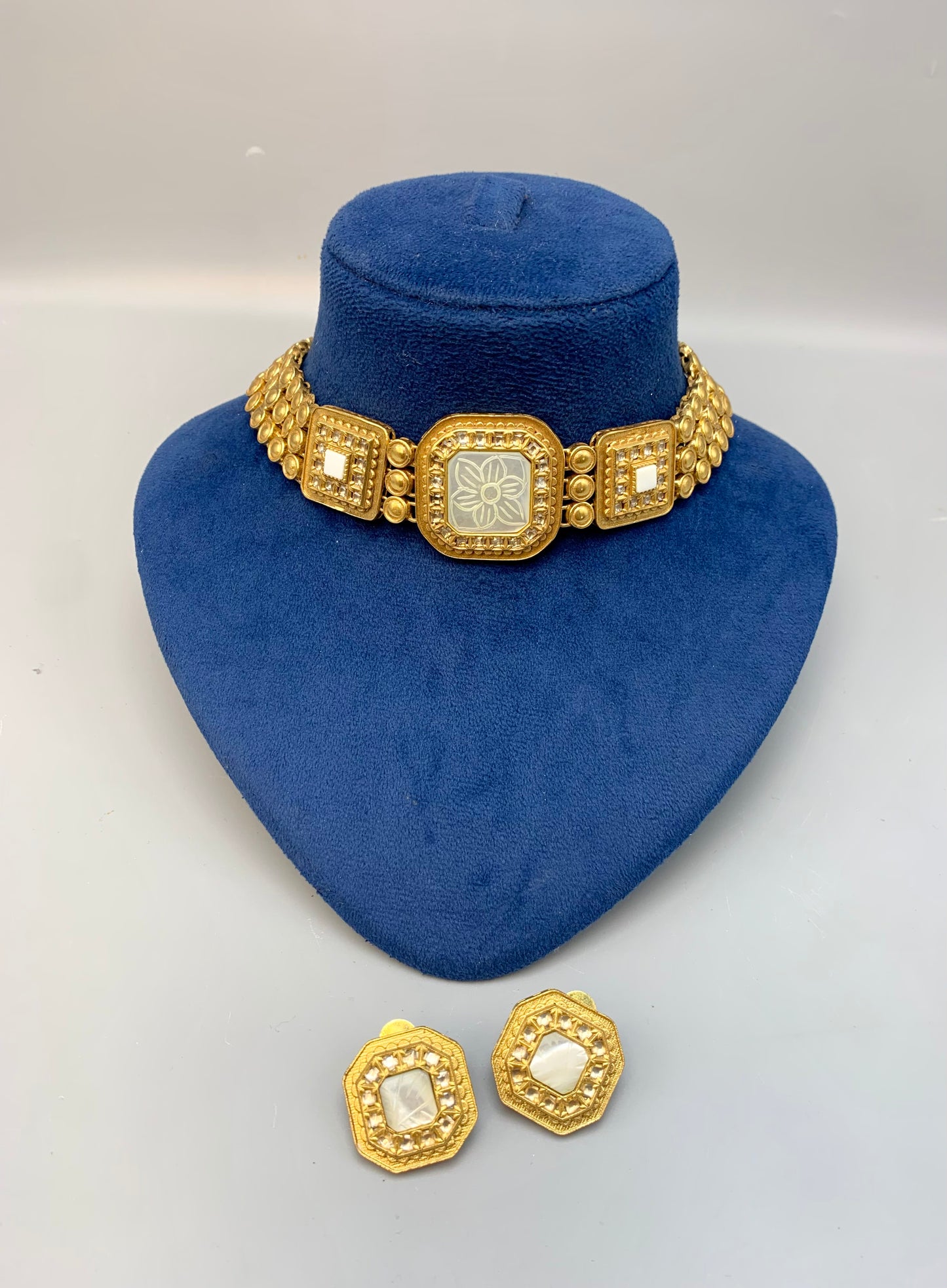 Molly handcrafted 22kt gold plated choker set with Polki Kundan and hand-carved semi-precious Mother of Pearl