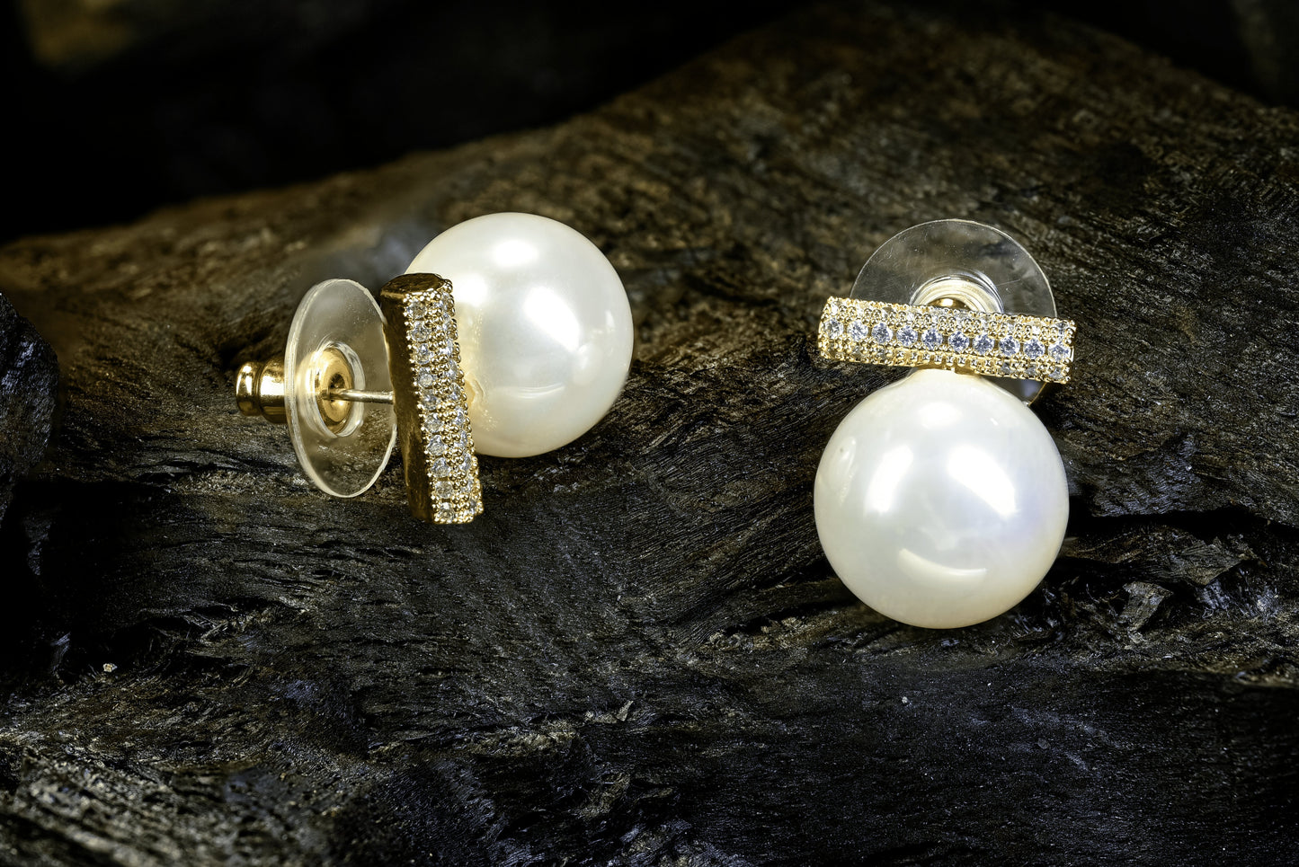 Pearla Studs in 22kt Gold with Pearl and American Diamond Bar – Zamal Jewels