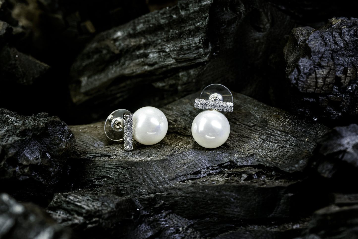 Silver-tone pearl drop studs with pavé diamond bar – Zamal Jewels