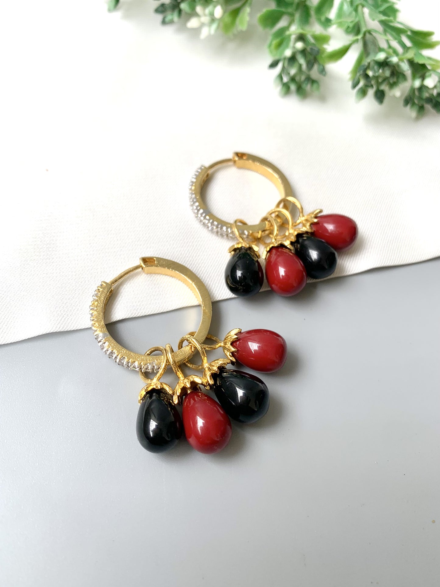 Convertible earrings with Coral and Onyx droplets, gold hoop with American Diamonds by Zamal Jewels