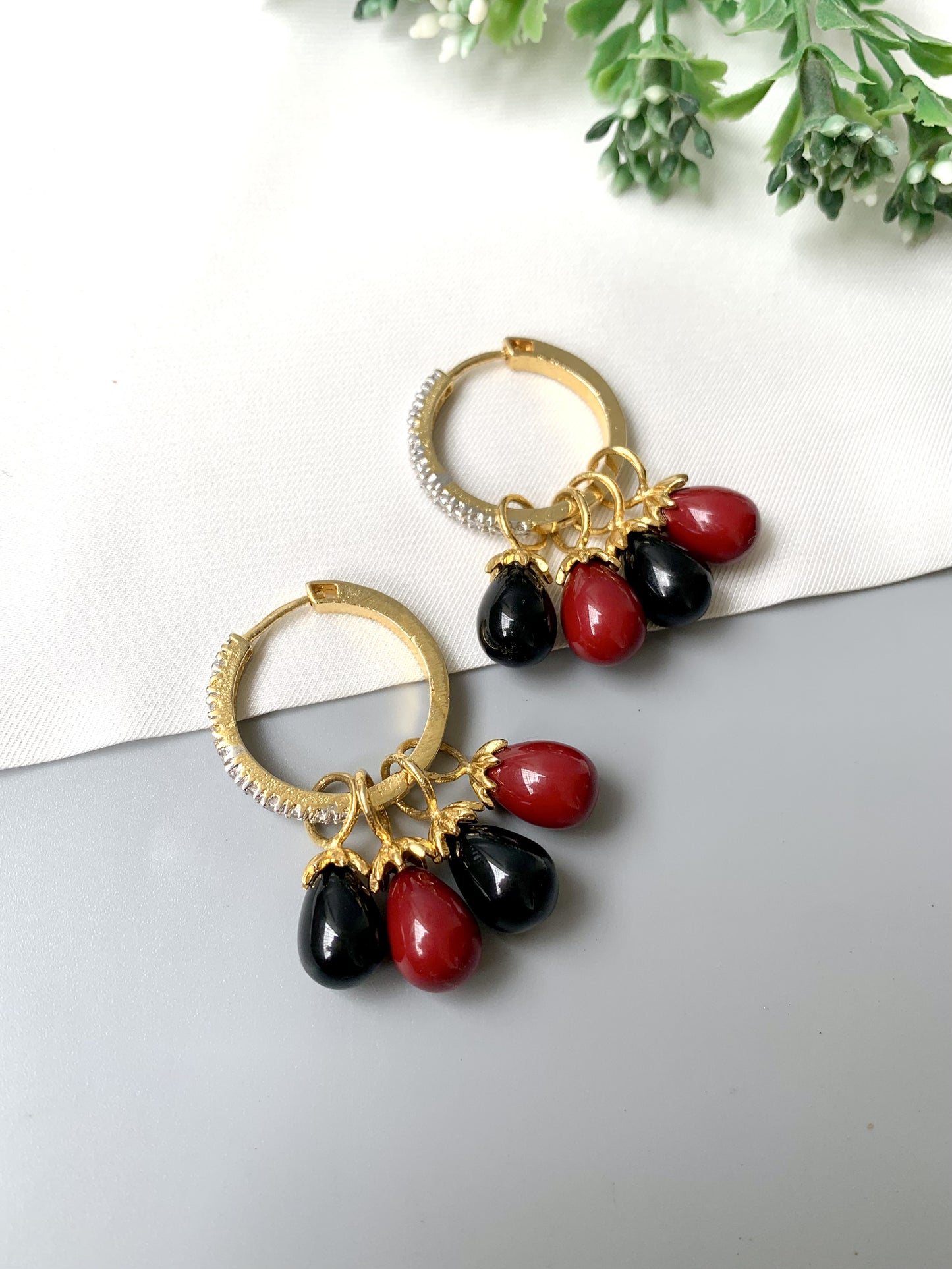 Convertible earrings with Coral and Onyx droplets, gold hoop with American Diamonds by Zamal Jewels