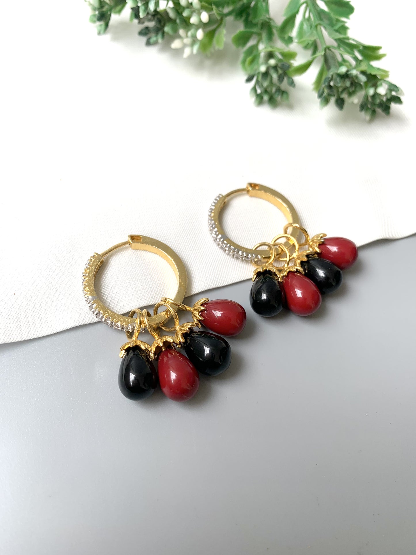 Convertible earrings with Coral and Onyx droplets, gold hoop with American Diamonds by Zamal Jewels