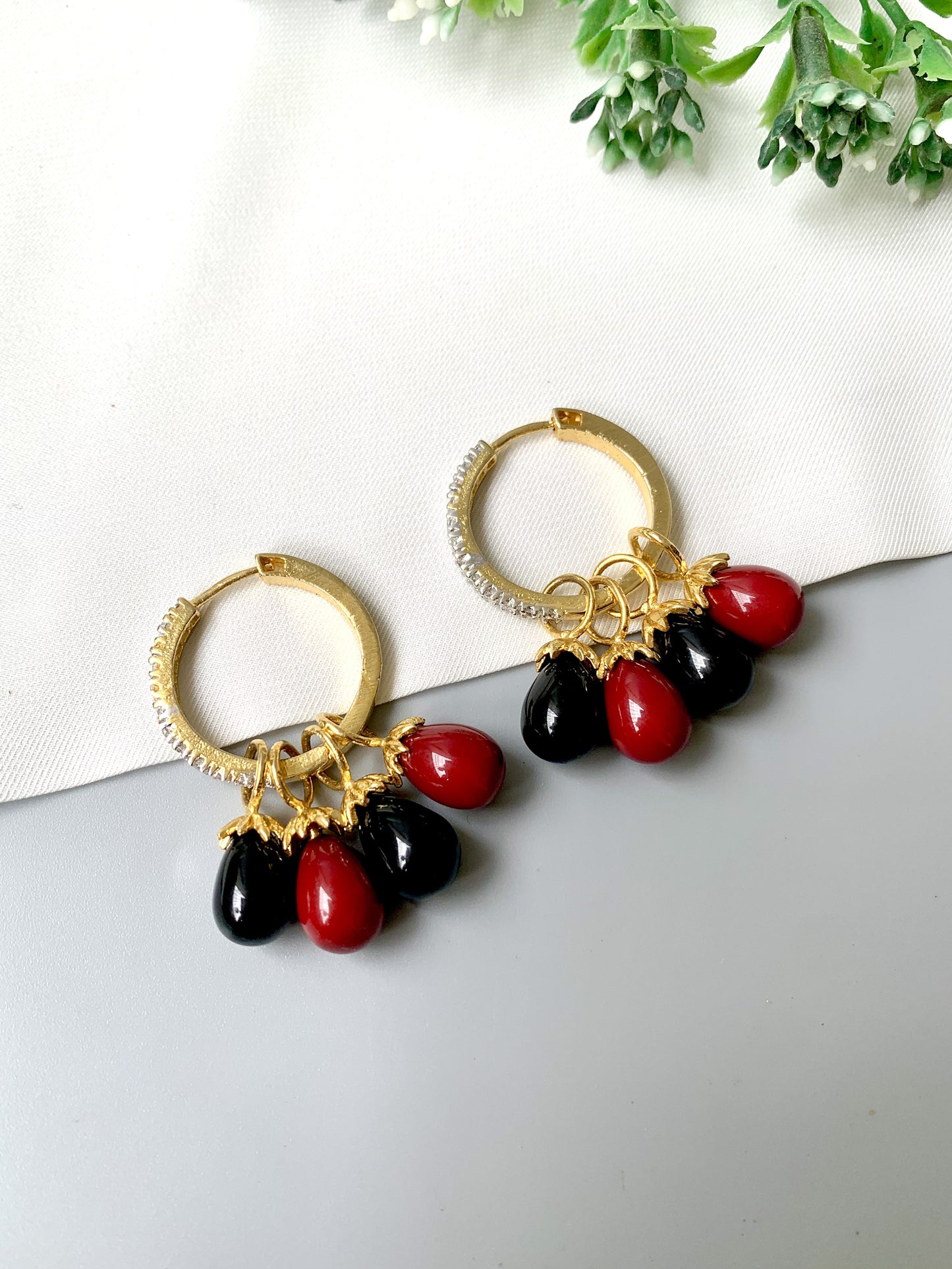 Convertible earrings with Coral and Onyx droplets, gold hoop with American Diamonds by Zamal Jewels