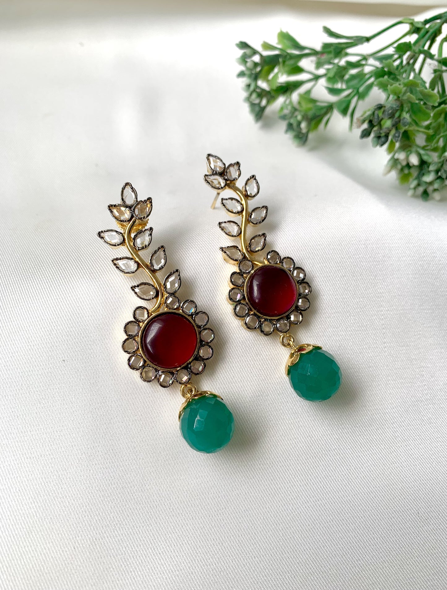 Handcrafted Ravena Earrings with Semi-Precious Ruby & Emerald drops in Victorian oxidized finish by Zamal Jewels