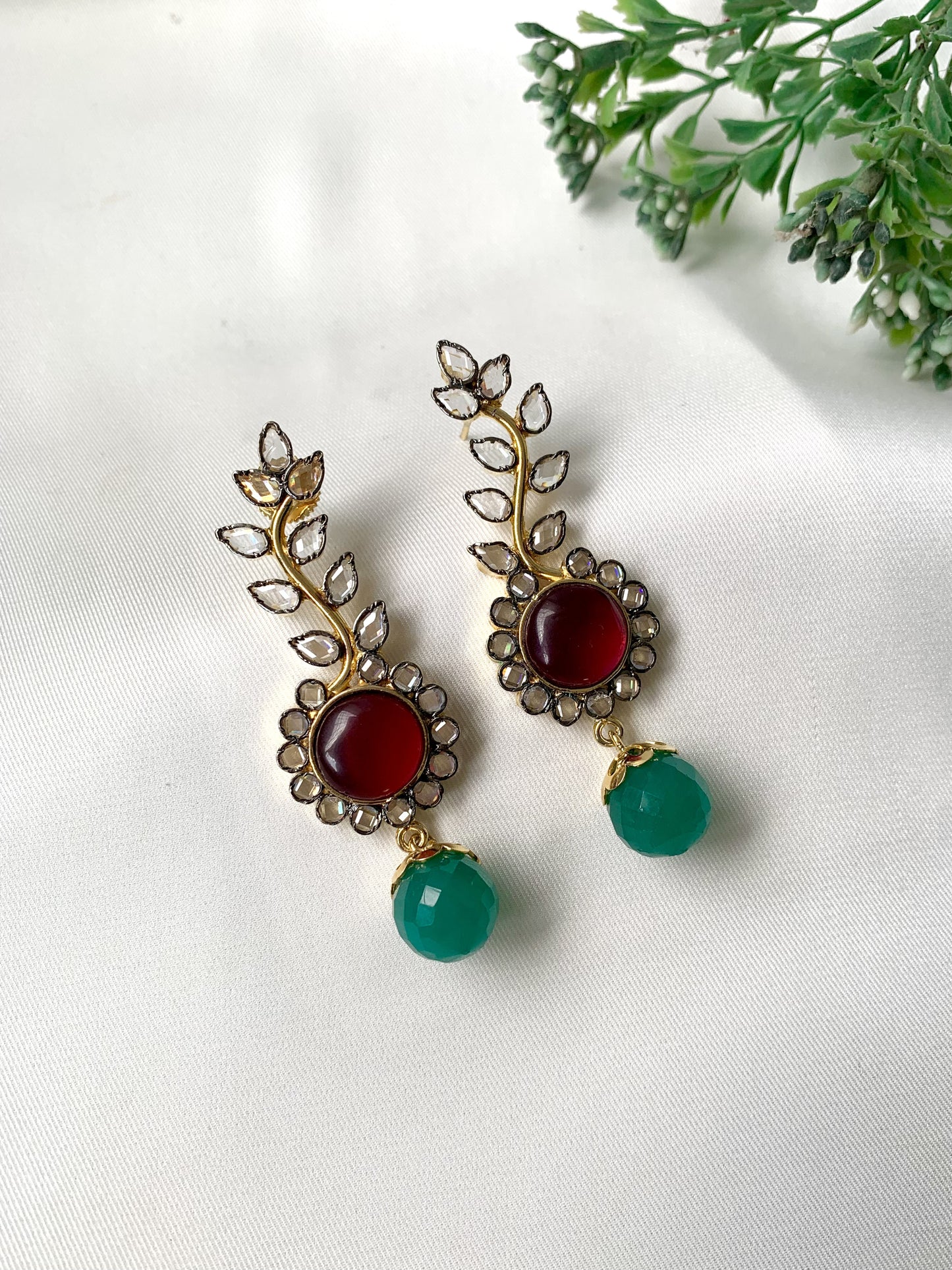 Handcrafted Ravena Earrings with Semi-Precious Ruby & Emerald drops in Victorian oxidized finish by Zamal Jewels