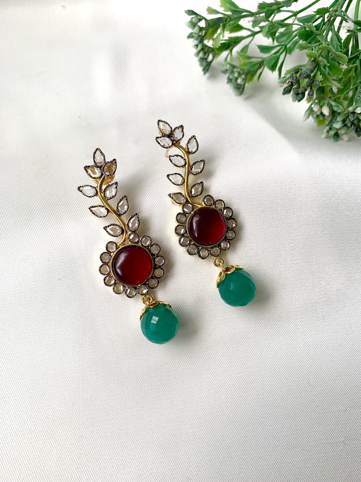 Handcrafted Ravena Earrings with Semi-Precious Ruby & Emerald drops in Victorian oxidized finish by Zamal Jewels