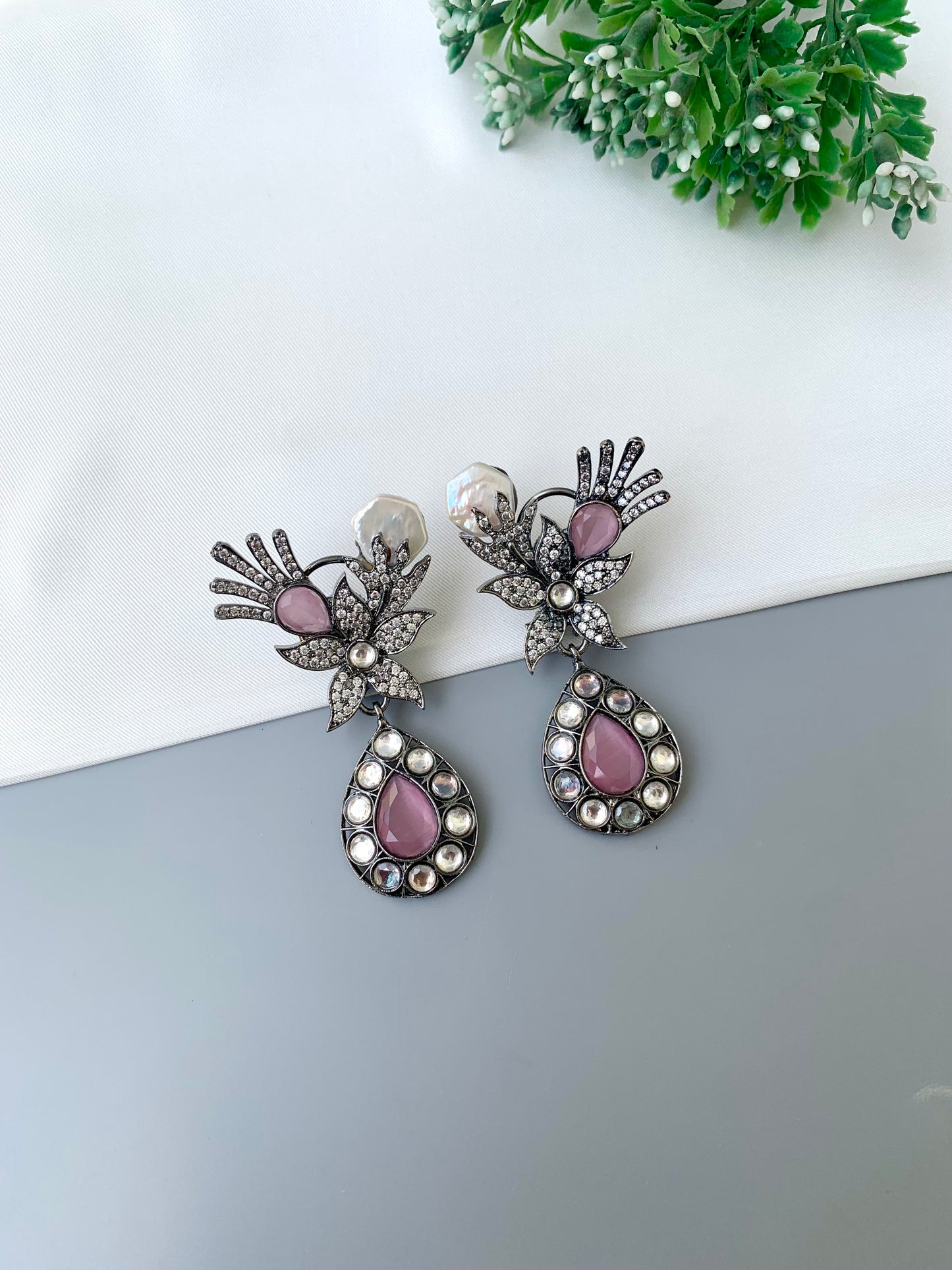 Roobin rhodium plated oxidized earrings with baroque pearls polki kundan and pink onyx