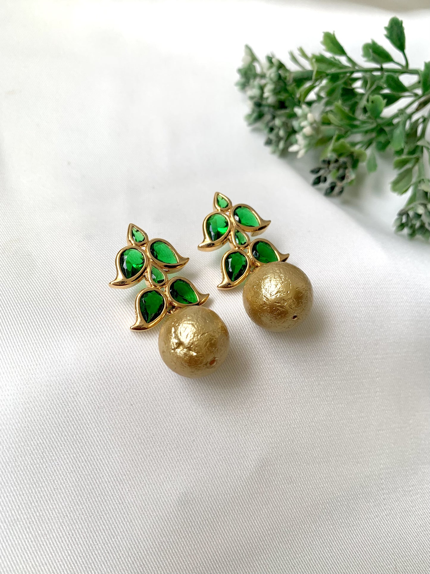 Elegant green emerald earrings with gold textured drop ball – Zamal Jewels