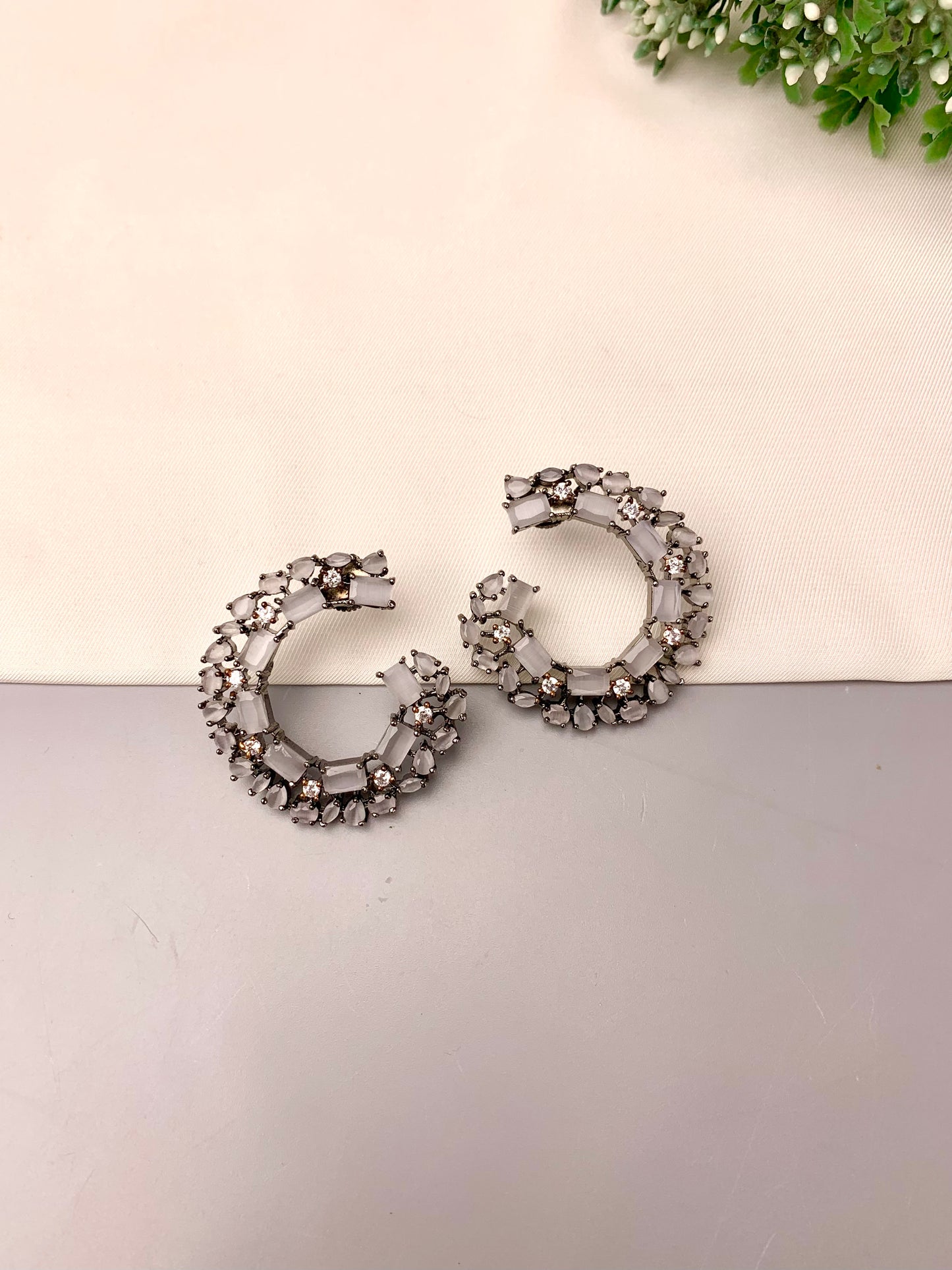 Shajila handcrafted rhodium plated oxidized earrings with American Diamonds and semi-precious Grey Onyx