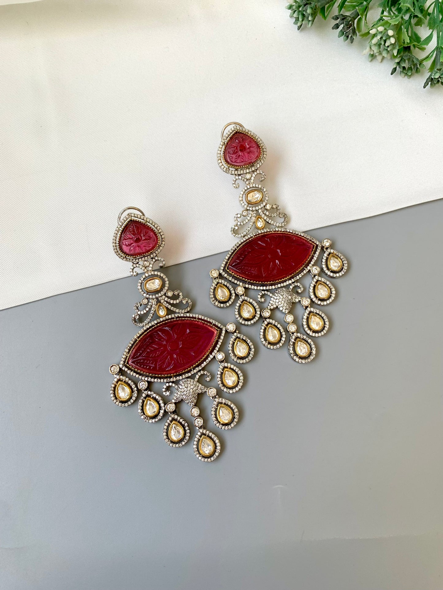 Simona ruby designer danglers in rhodium oxidized finish with polki kundan and american diamonds