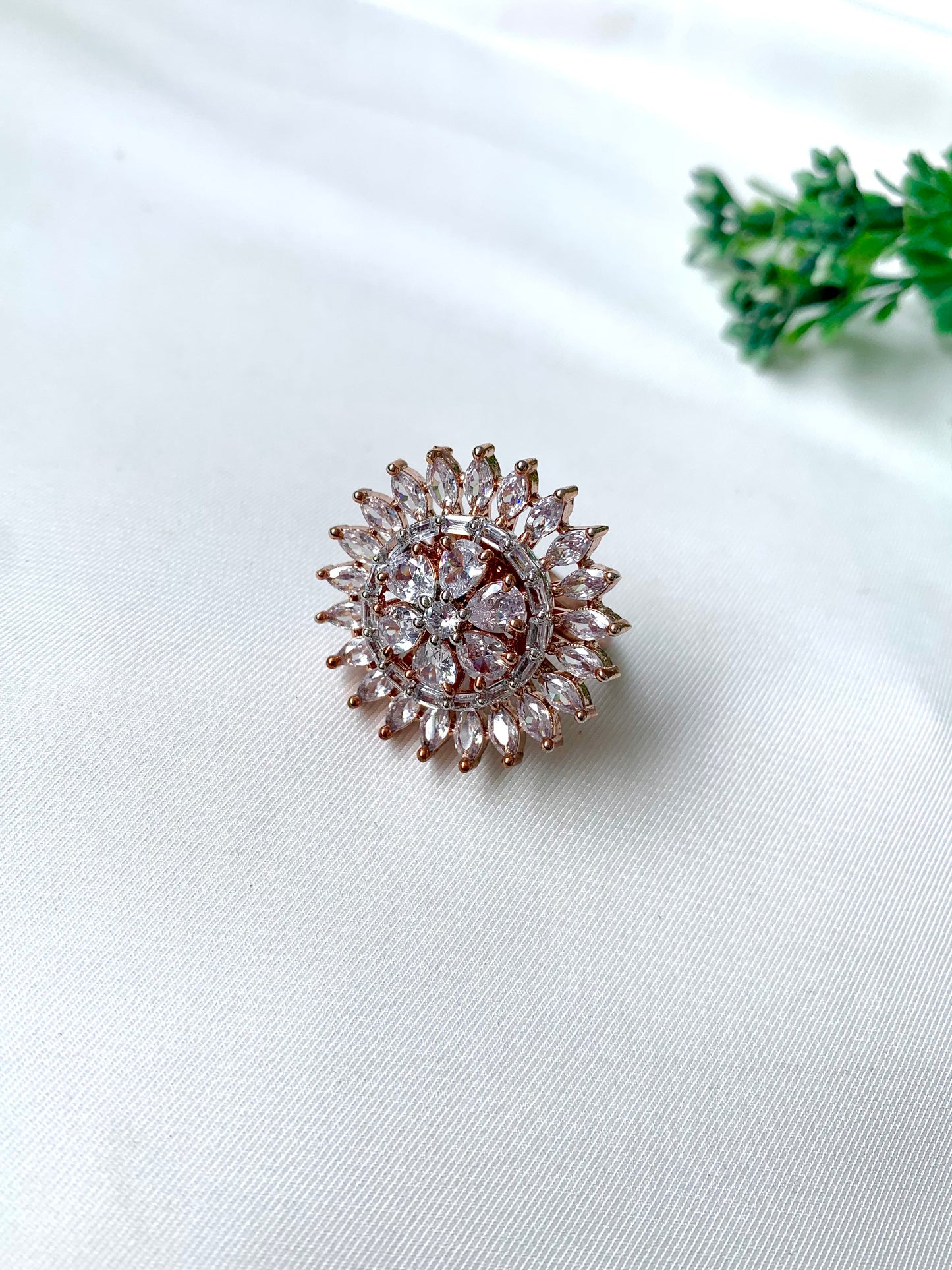 Close-up of Solara Bloom Ring by Zamal Jewels in 22kt rose gold plating with American Diamonds