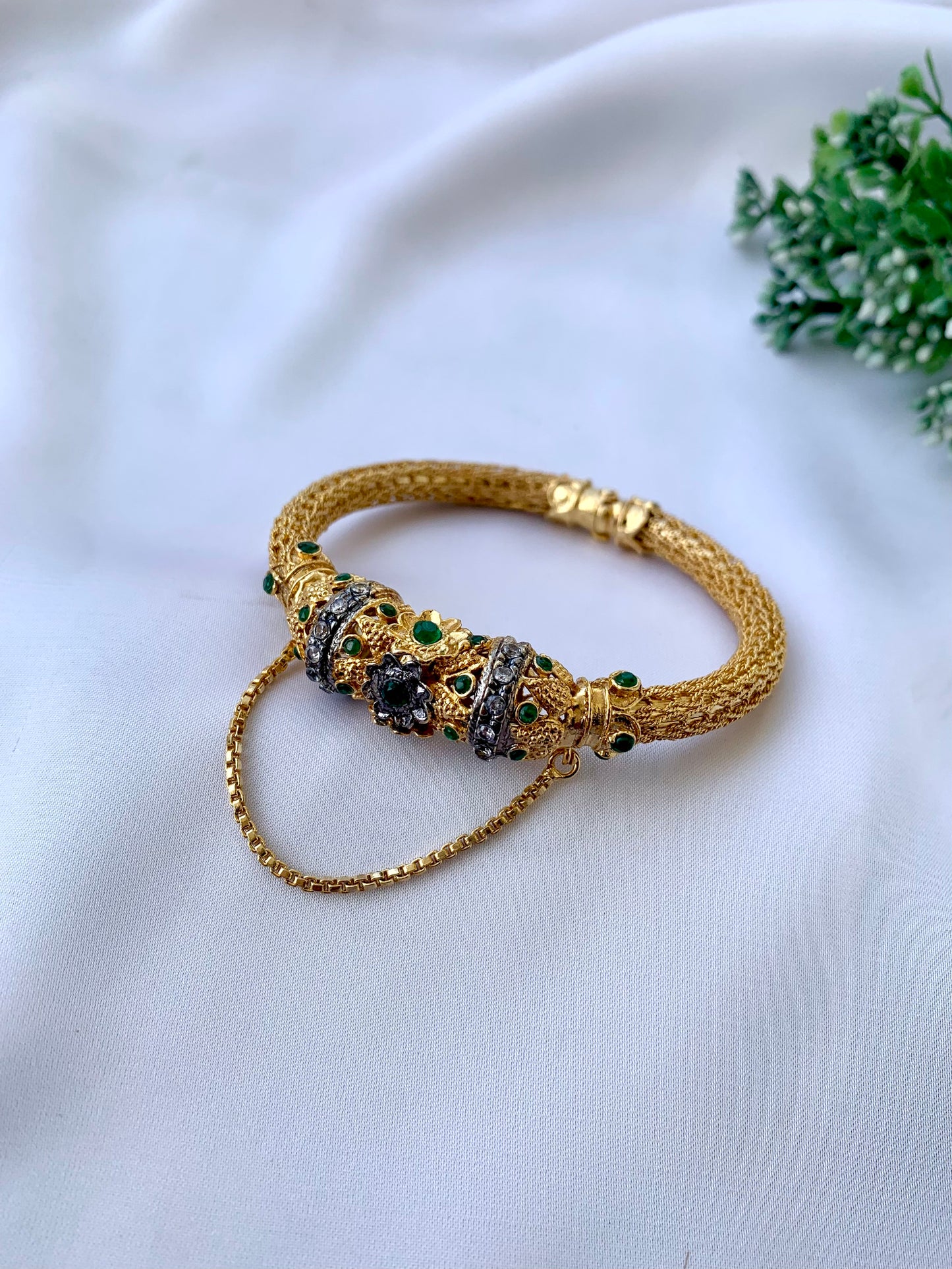 Sophiya gold plated openable chain bangle with American diamonds and emerald accents