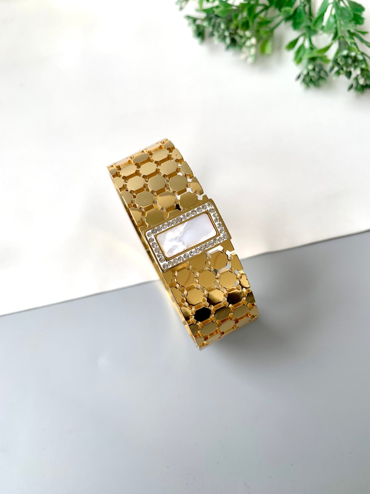 White rectangular mother of pearl bracelet with gold openable band, waterproof and tarnish-proof