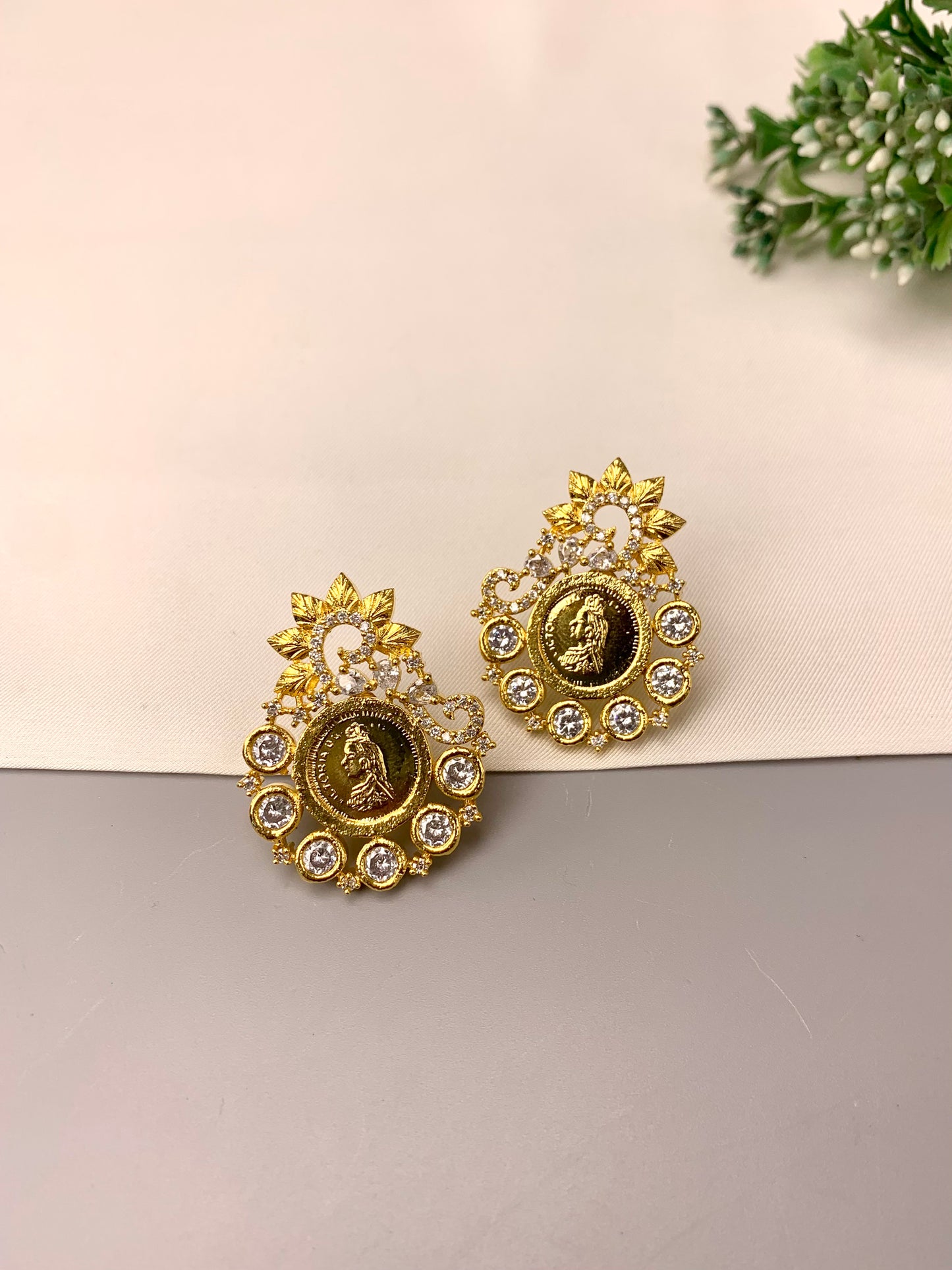 Victoria handcrafted 22kt gold plated earrings featuring a Queen Victoria coin design with high quality American Diamonds