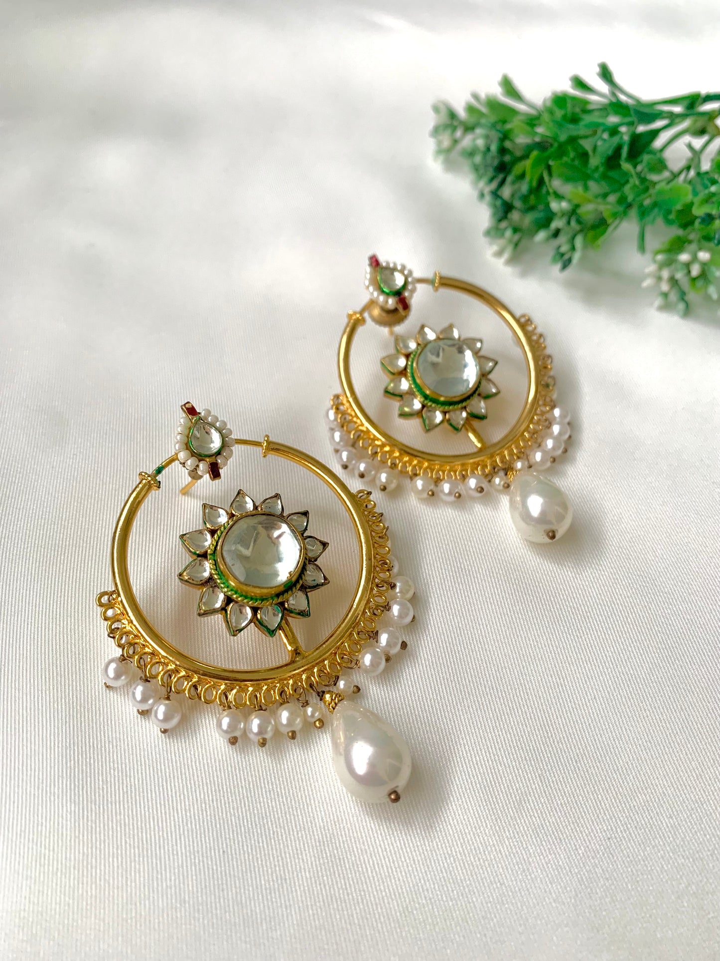 Handcrafted 22kt gold-plated chandbali earrings with Pachi Kundan and semi-precious pearls by Zamal Jewels