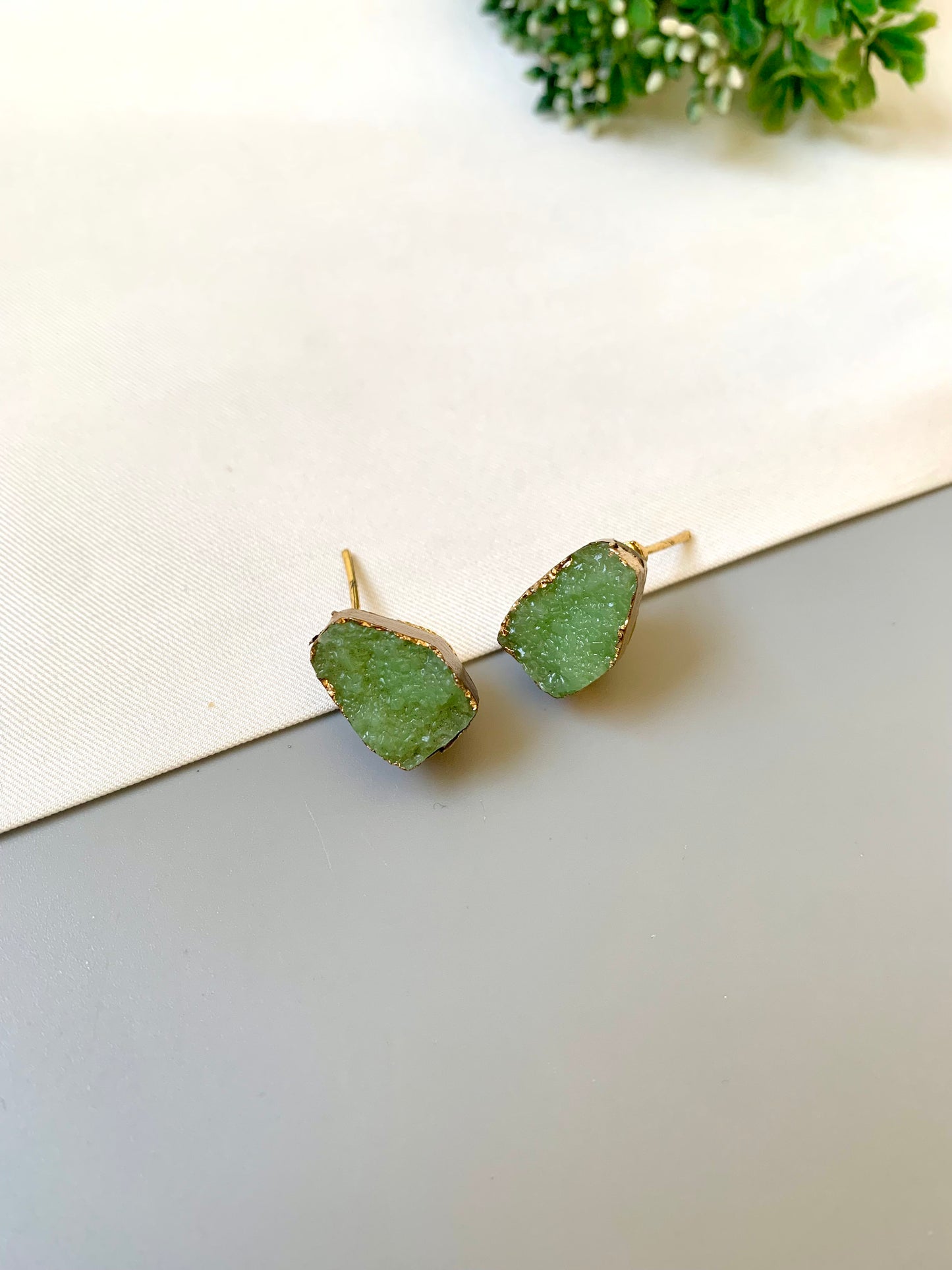 Handcrafted 22kt gold plated mint salt druzee stone studs