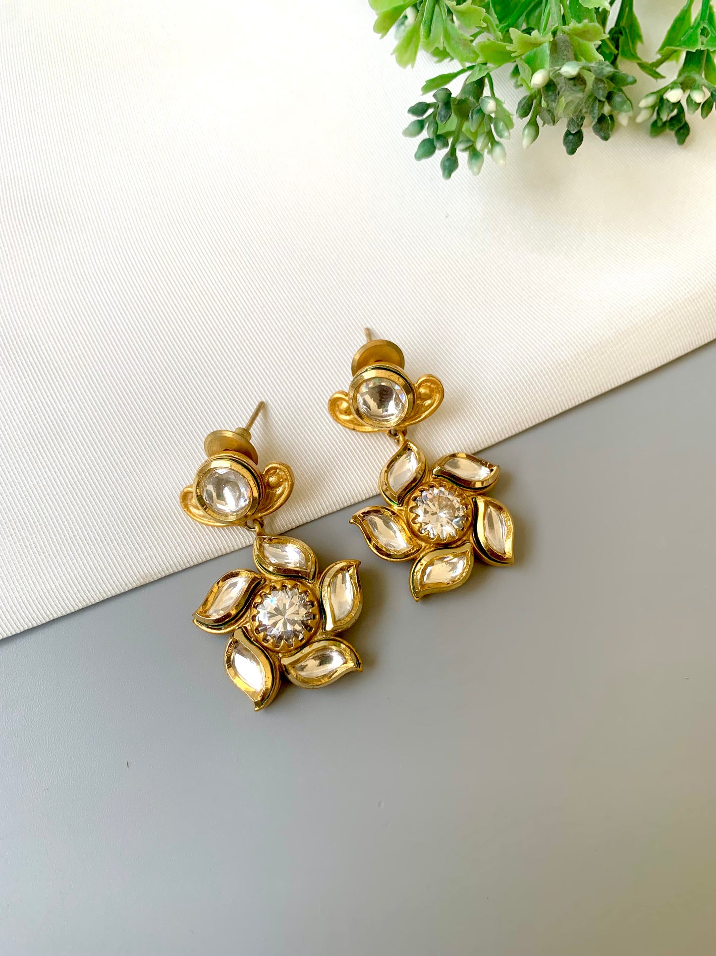 Handcrafted Aneya Kundan Earrings in 22kt gold plating with high-quality Bikanairi Kundan by Zamal Jewels.
