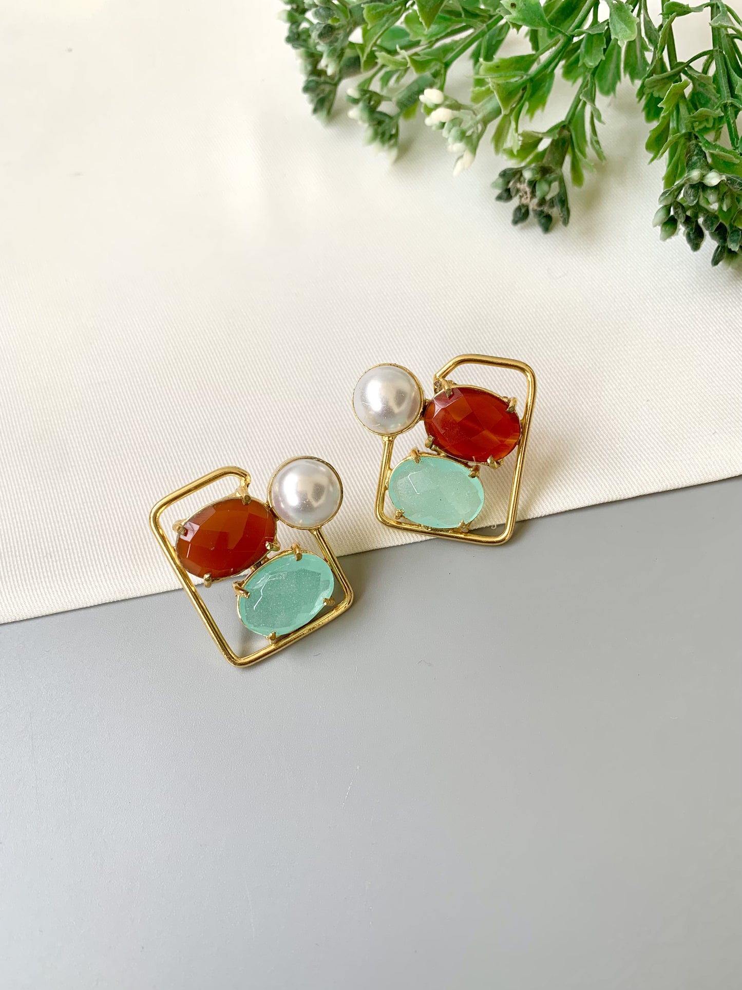 Handcrafted Aureva Studs in Coral Mint with pearl and natural gemstones, 22kt gold plated — by Zamal Jewels.