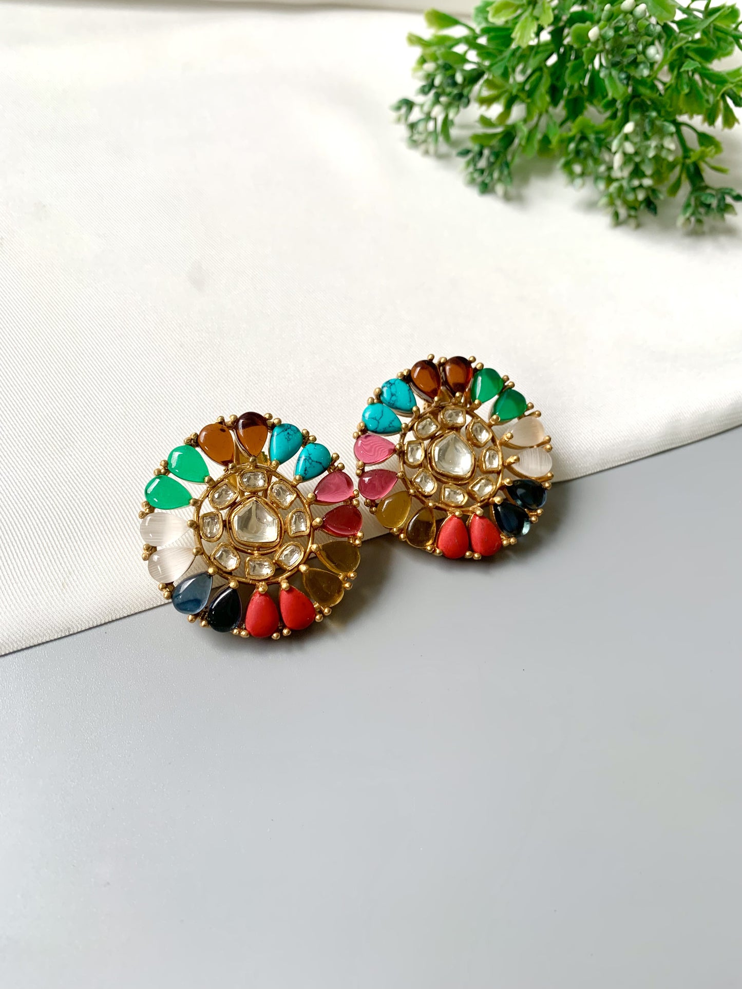 Handcrafted Aurelia Nauraatan Studs with Polki Kundan in 22kt Victorian gold plating