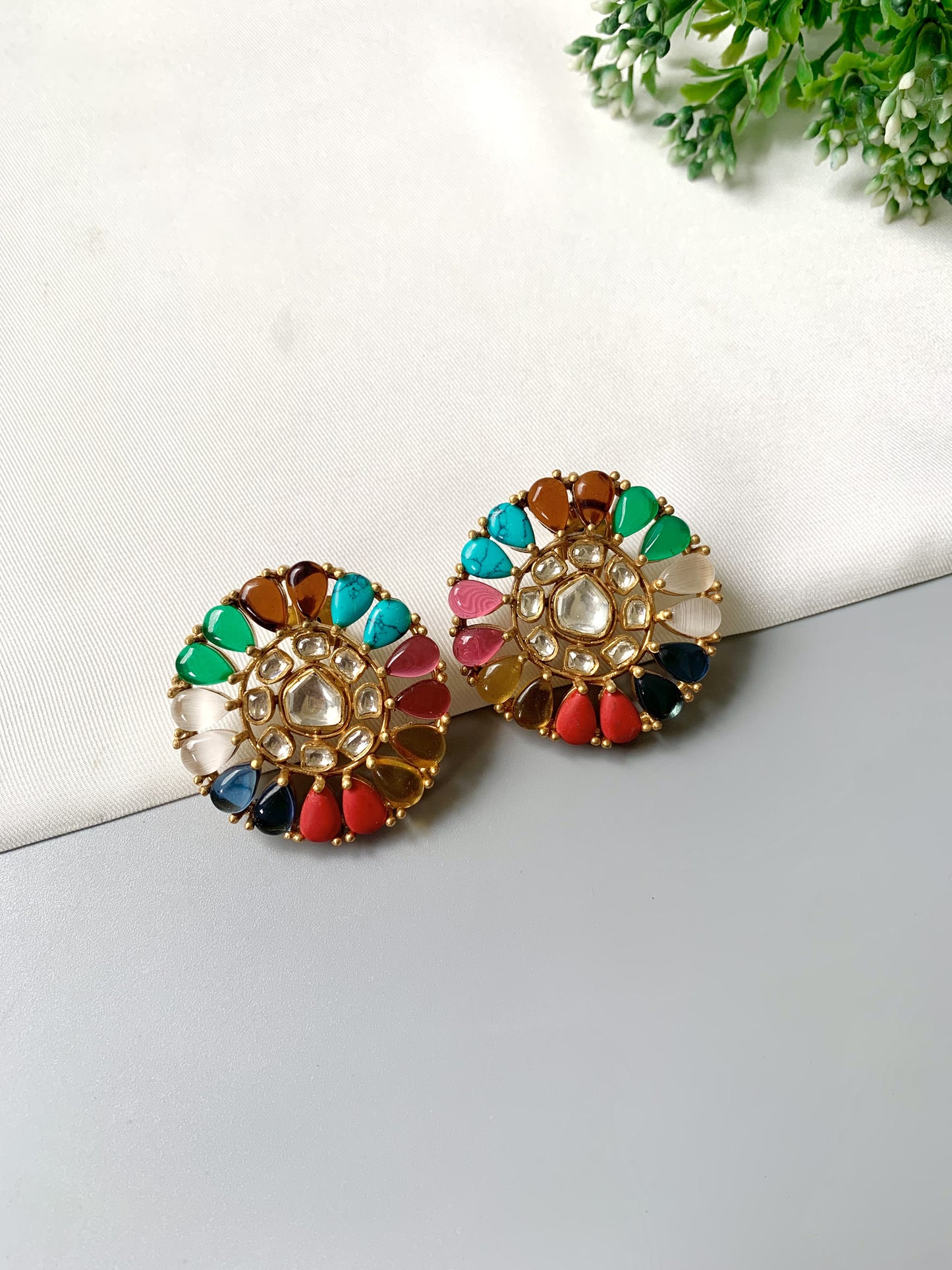 Handcrafted Aurelia Nauraatan Studs with Polki Kundan in 22kt Victorian gold plating