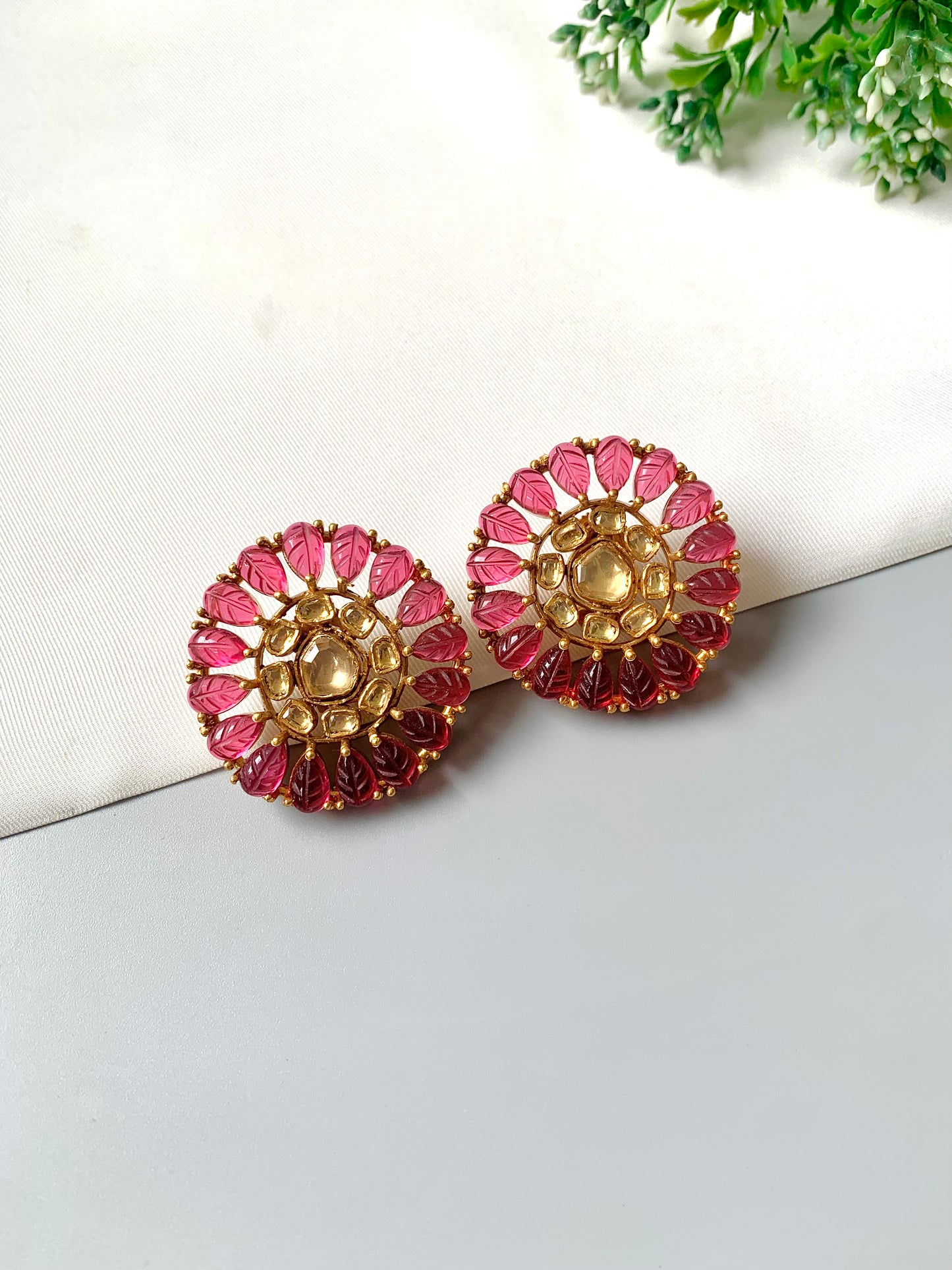 Ruby variant: Handcrafted Aurelia Studs with Ruby stones & Polki Kundan in 22kt Victorian gold plating