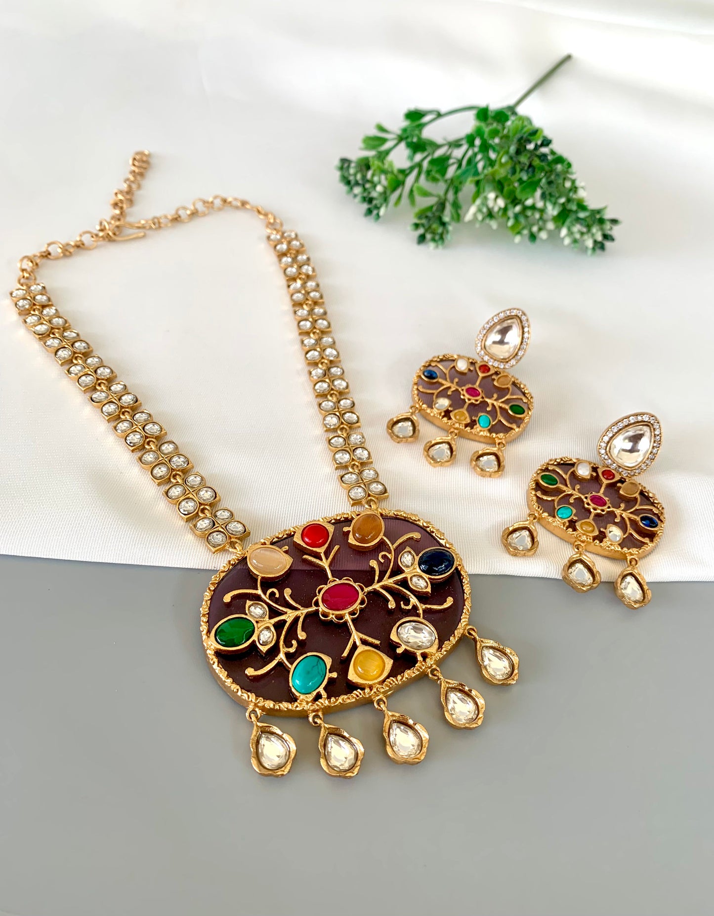 Traditional luxury necklace with Amethyst, Ruby, Feroza, and Polki detailing