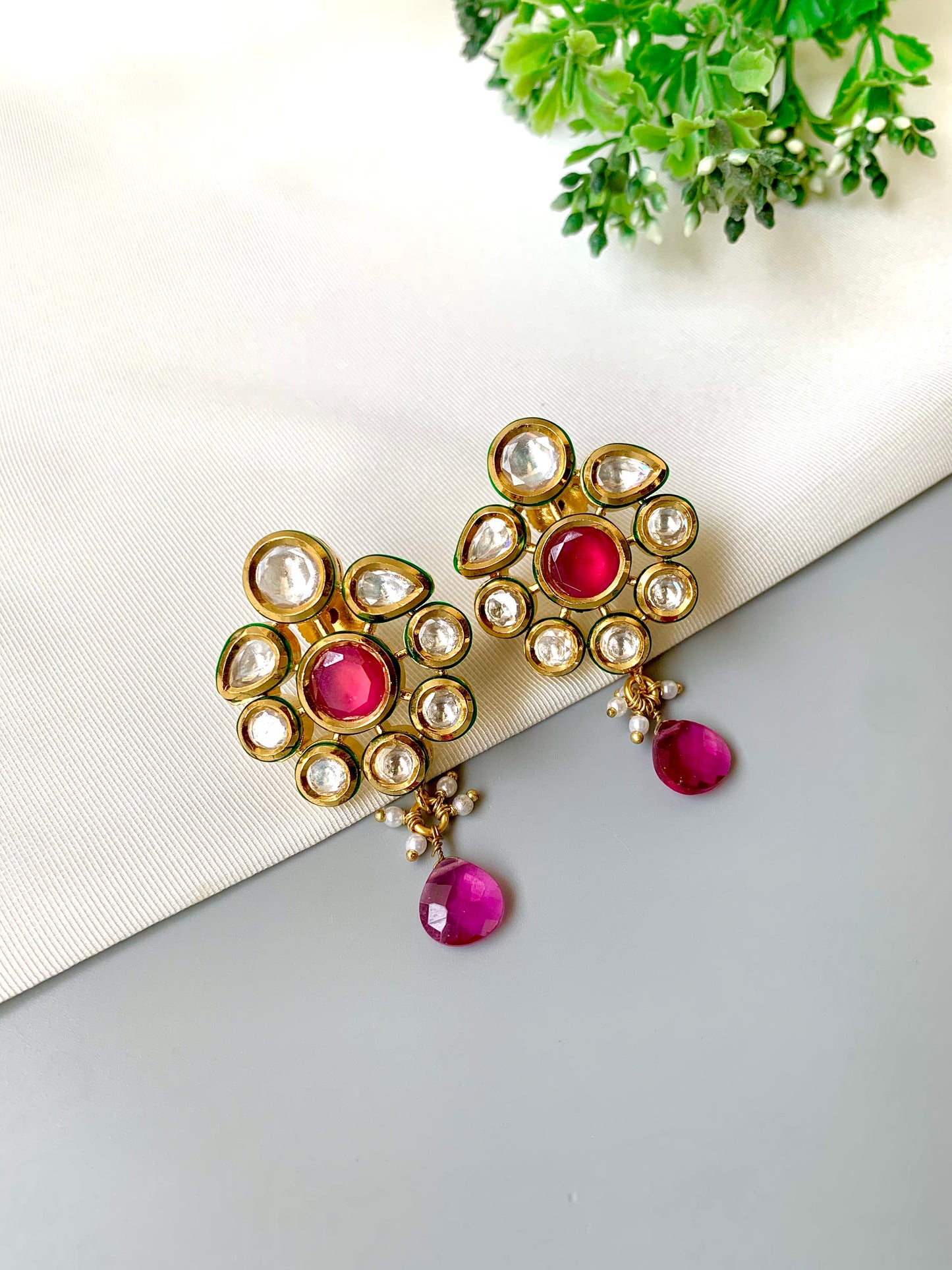 Handcrafted Mehira Ruby Kundan Earrings in 22kt gold plating with Bikanairi Kundan and semi-precious ruby by Zamal Jewels.