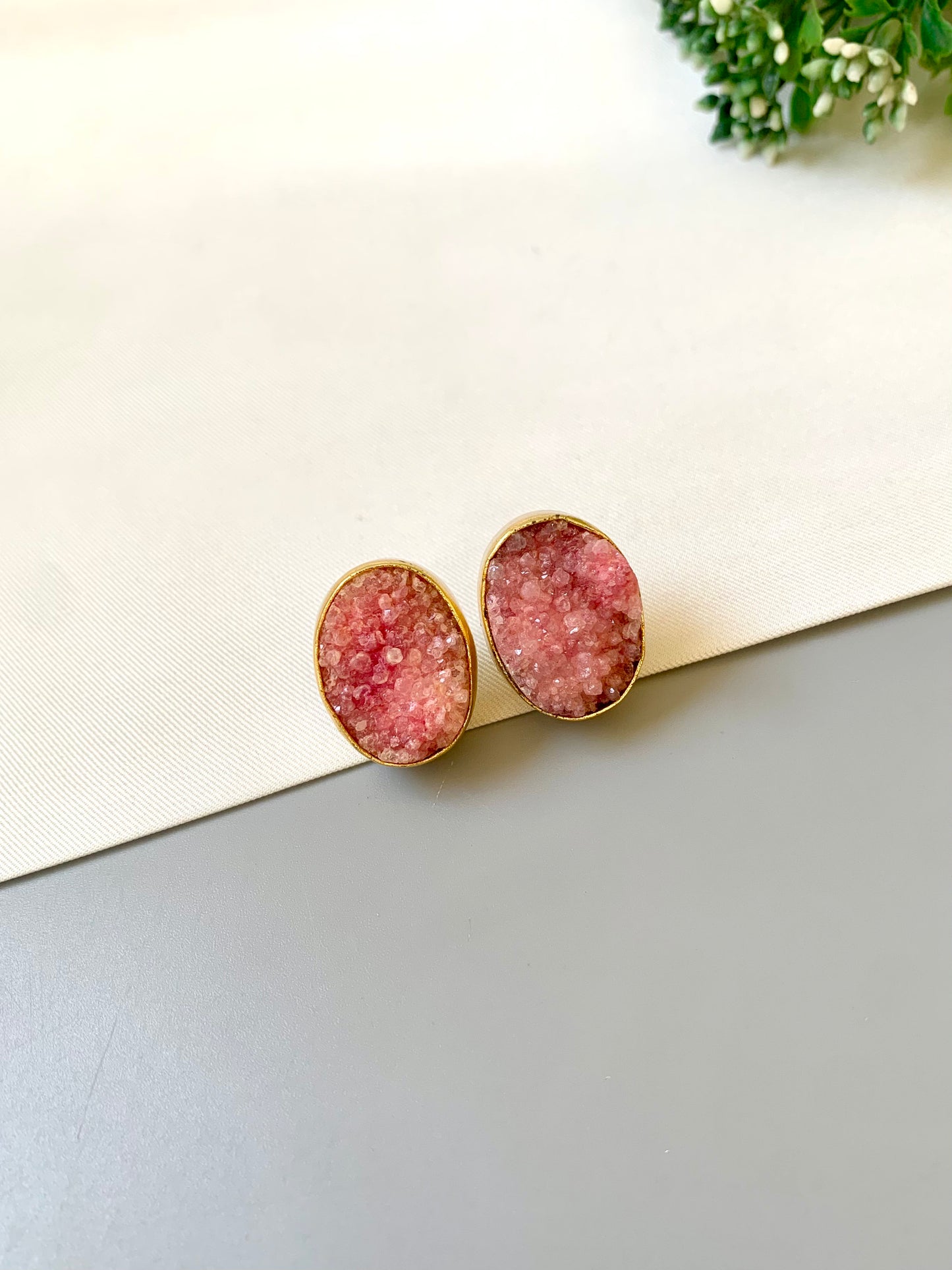Handcrafted 22kt gold plated pink sugar druzee stone studs