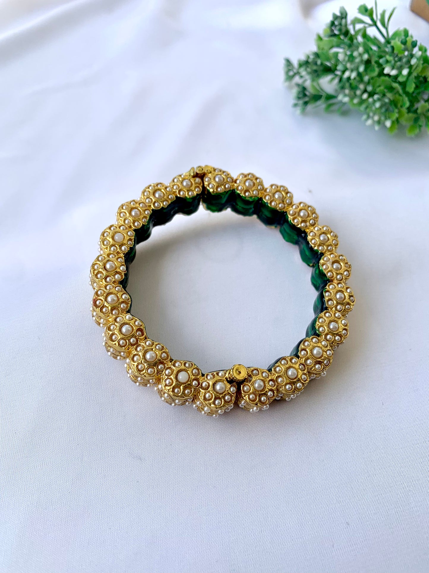 Green and gold openable bangle with semi-precious pearls and hand-painted Meena by Zamal Jewels