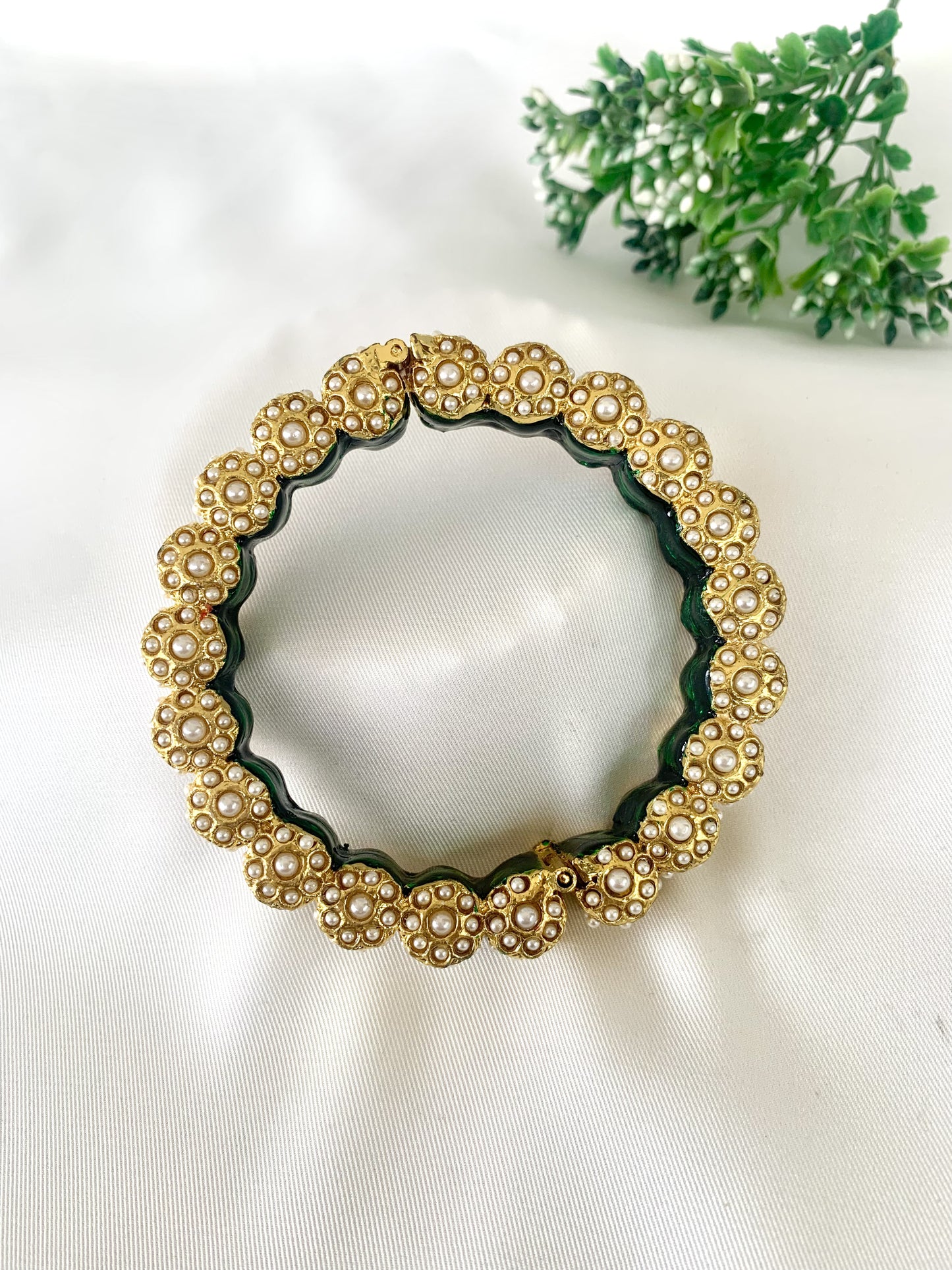 Green and gold openable bangle with semi-precious pearls and hand-painted Meena by Zamal Jewels
