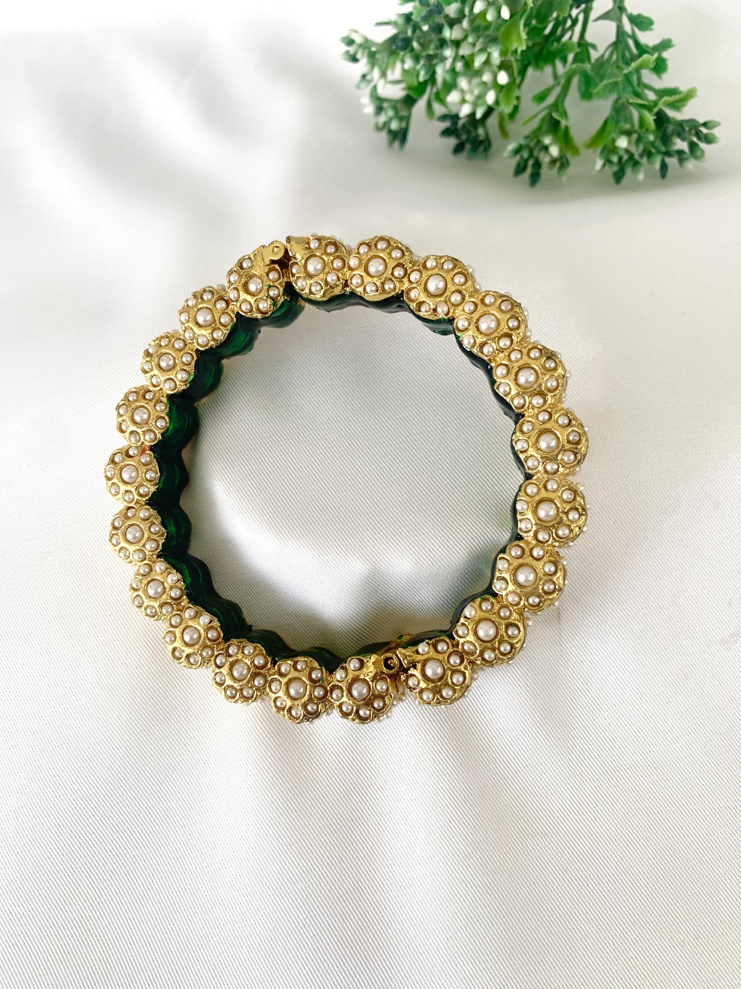 Green and gold openable bangle with semi-precious pearls and hand-painted Meena by Zamal Jewels