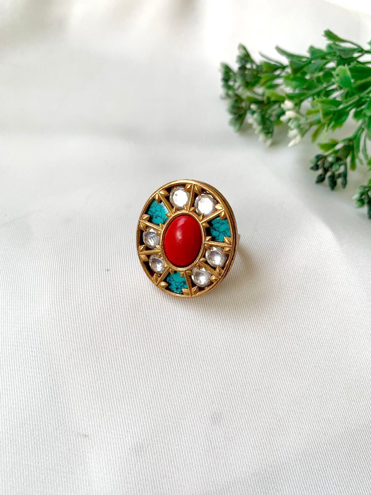 Handcrafted Sehar Coral Feroza Ring with Moissanite Kundan, Semi-Precious Coral and Feroza stones in 22kt Victorian gold plating — by Zamal Jewels.