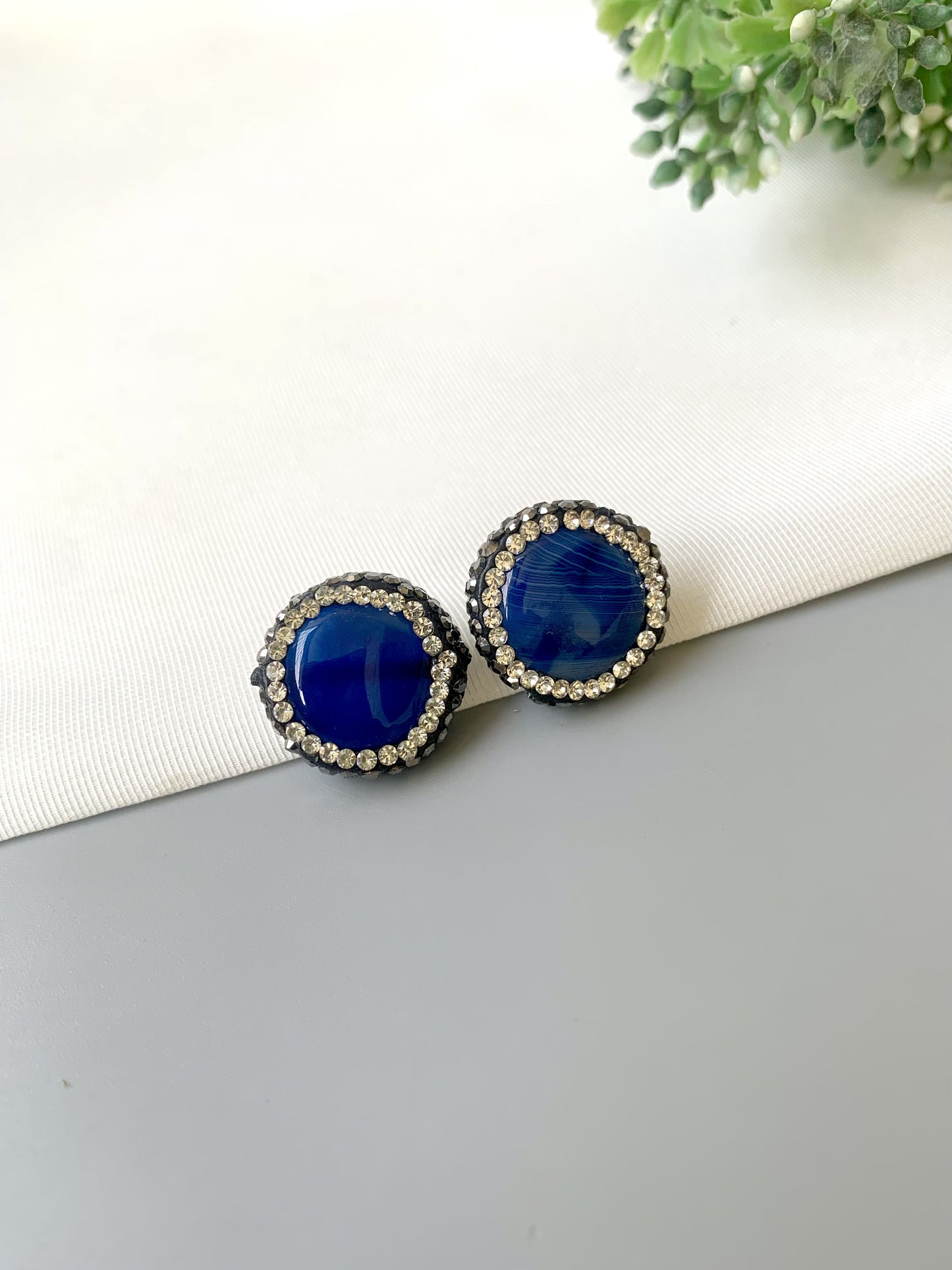 Handcrafted Seren Sapphire Marcasite Studs in rhodium plating with semi-precious sapphire and marcasite stones by Zamal Jewels.