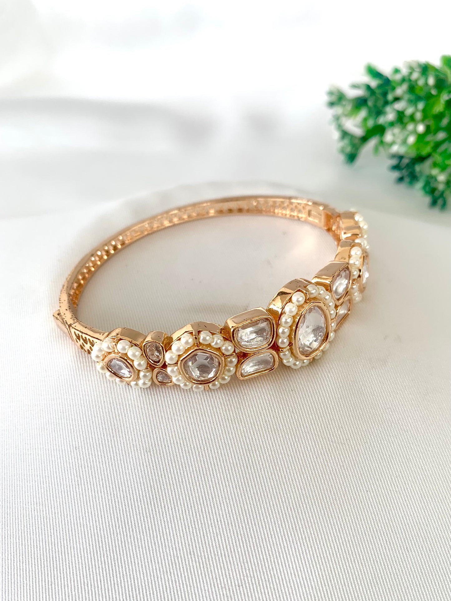 22kt Victorian gold plated openable bangle with Polki Kundan and semi-precious pearls by Zamal Jewels