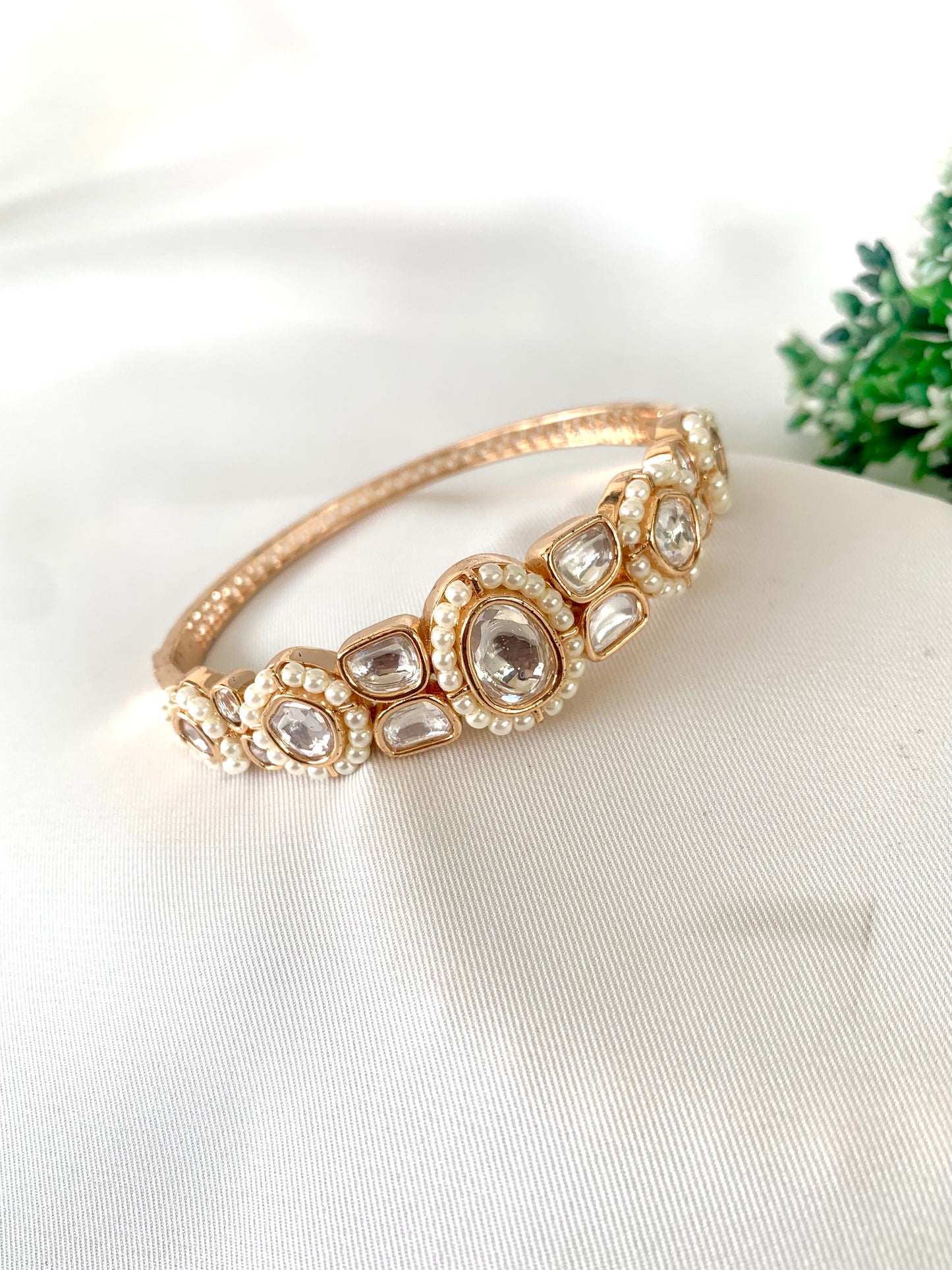 22kt Victorian gold plated openable bangle with Polki Kundan and semi-precious pearls by Zamal Jewels