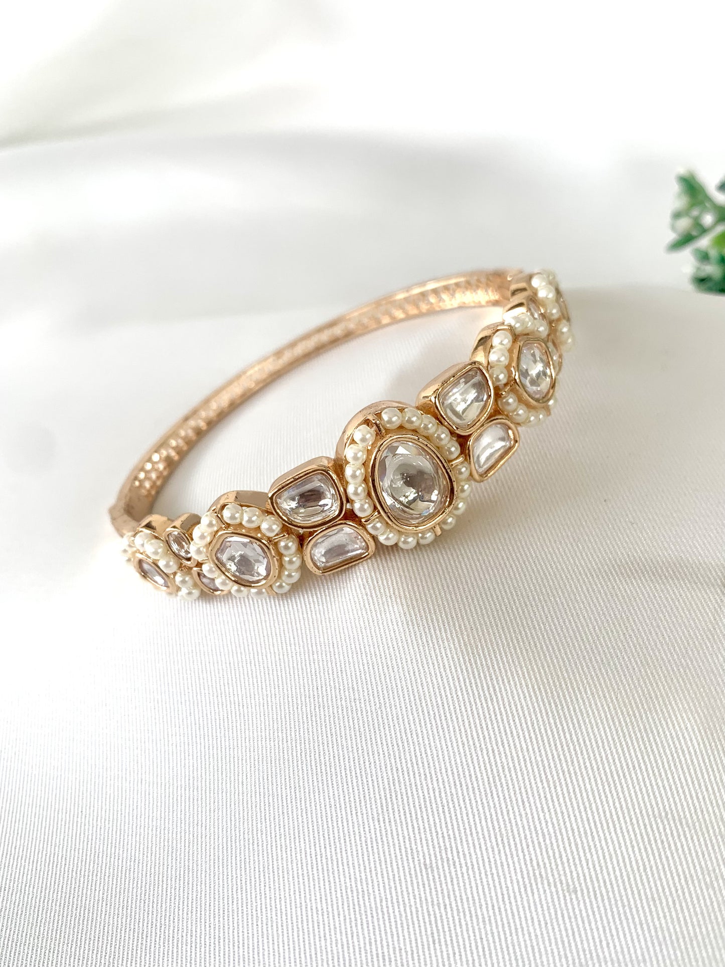 22kt Victorian gold plated openable bangle with Polki Kundan and semi-precious pearls by Zamal Jewels