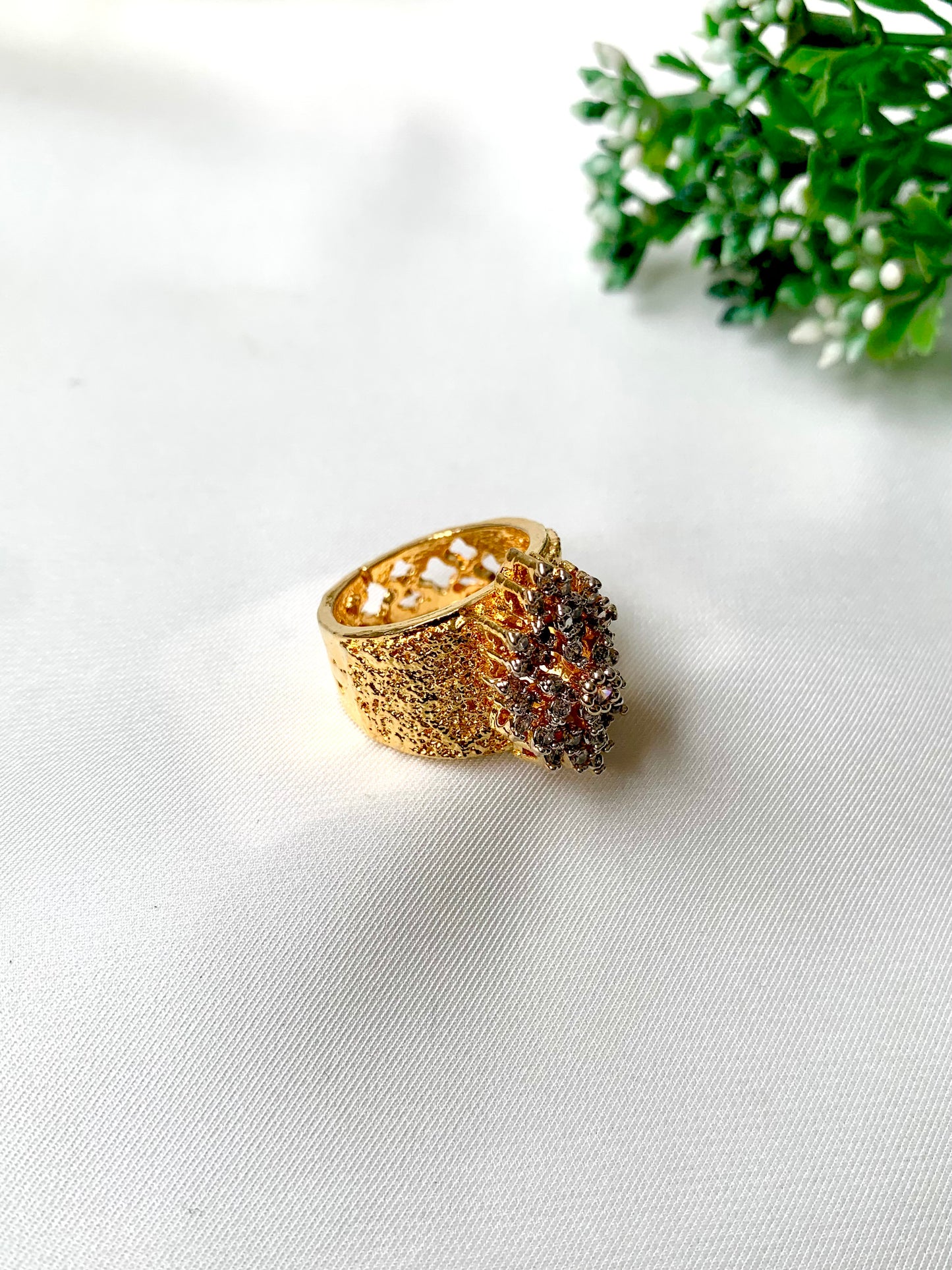 Bold handcrafted gold ring with cluster of American Diamonds by Zamal Jewels