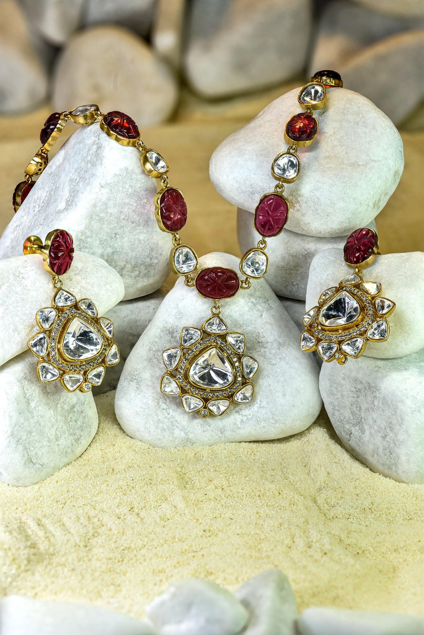 22kt Victorian gold ruby necklace set with moissanite kundan and American diamonds from Zareen Collection