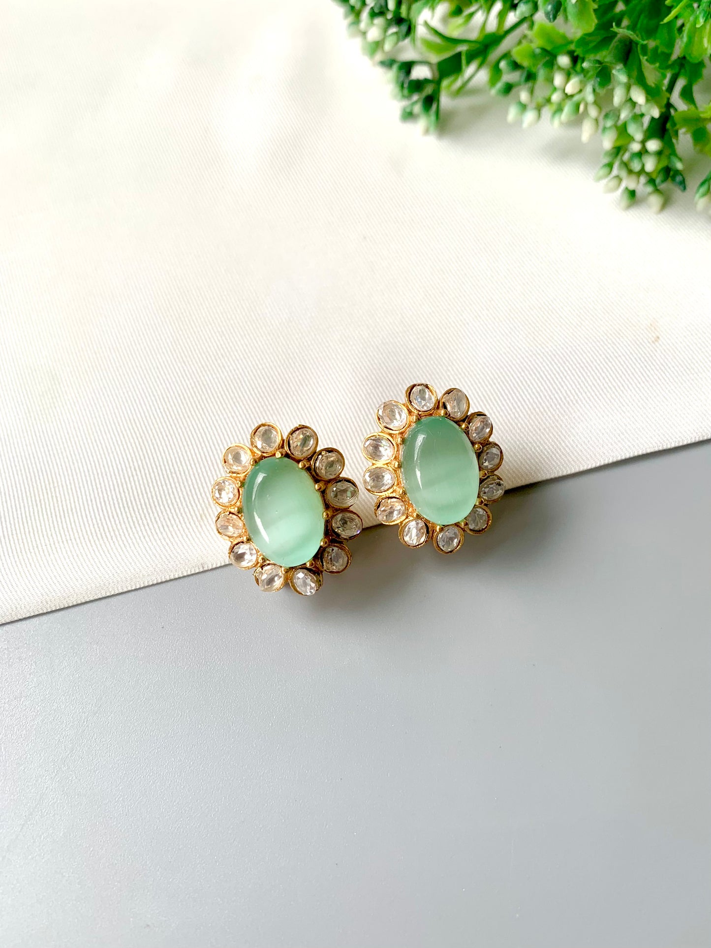 Handcrafted Zarene Studs in Victorian 22kt gold plating with Polki Kundan and semi-precious Mint Onyx – Zamal Jewels