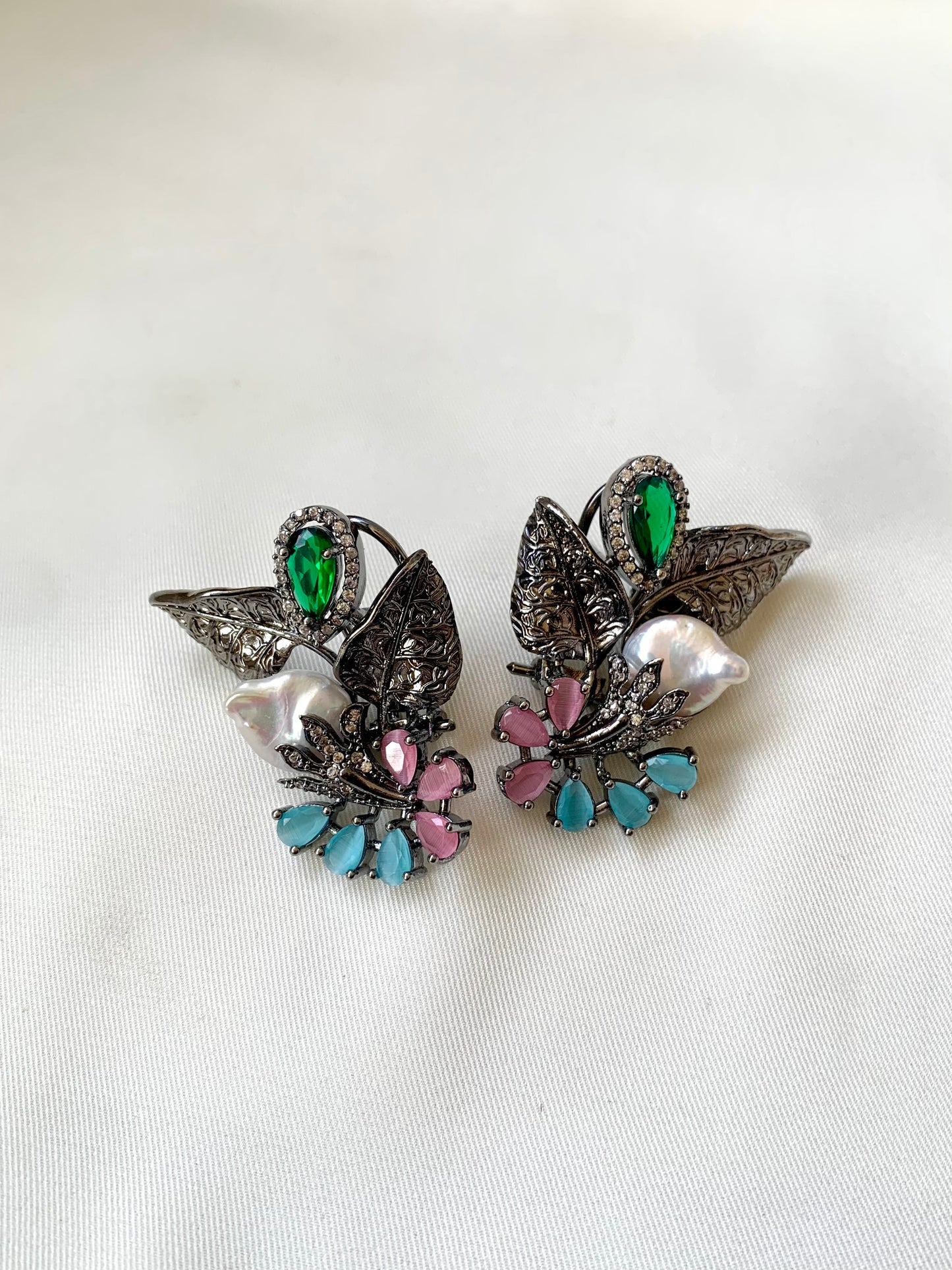 Zarmina handcrafted rhodium oxidized signature earrings with baroque pearls, emerald and onyx