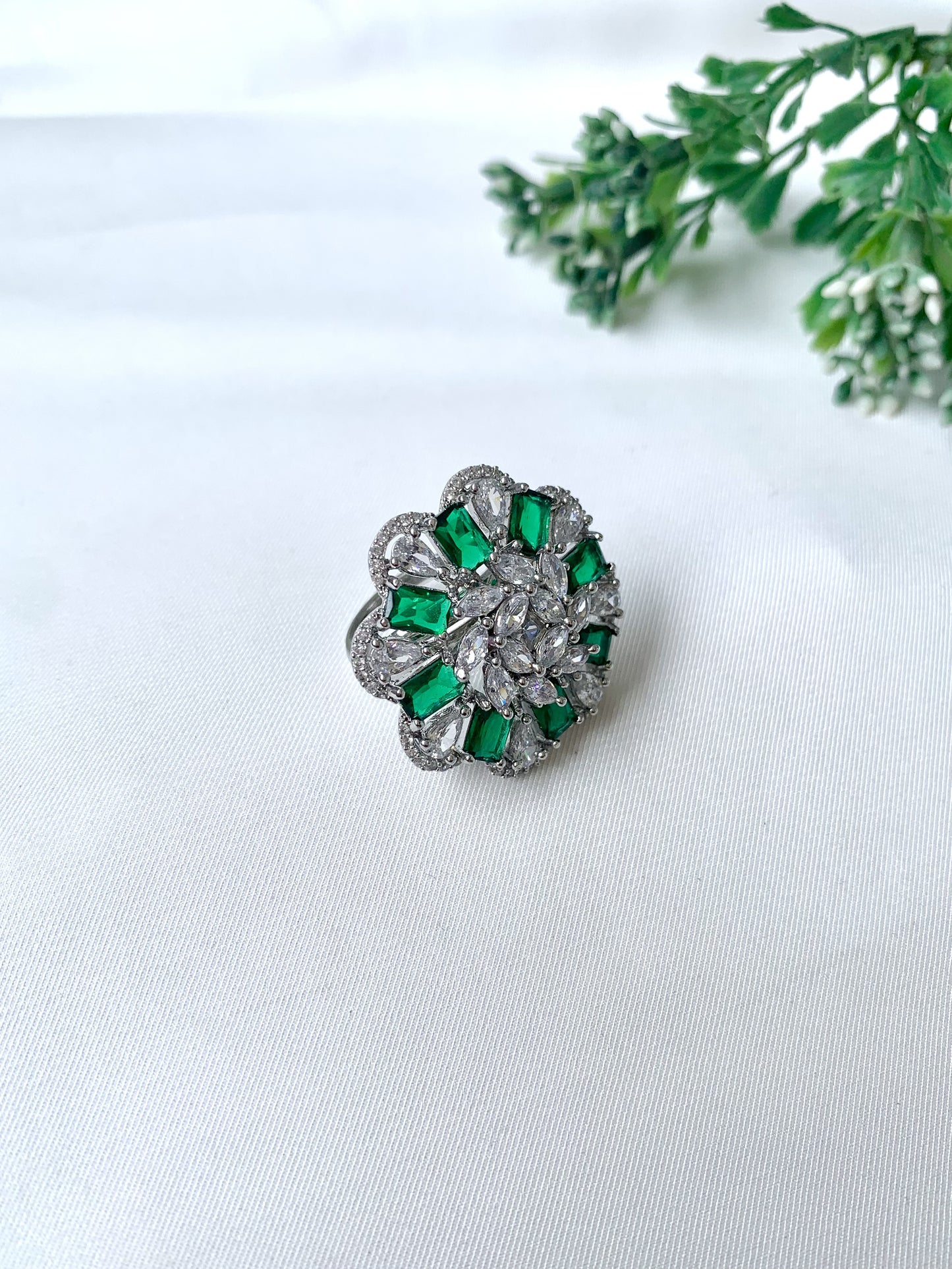 Zayra Bloom Ring in Emerald with American Diamonds and rhodium plating by Zamal Jewels