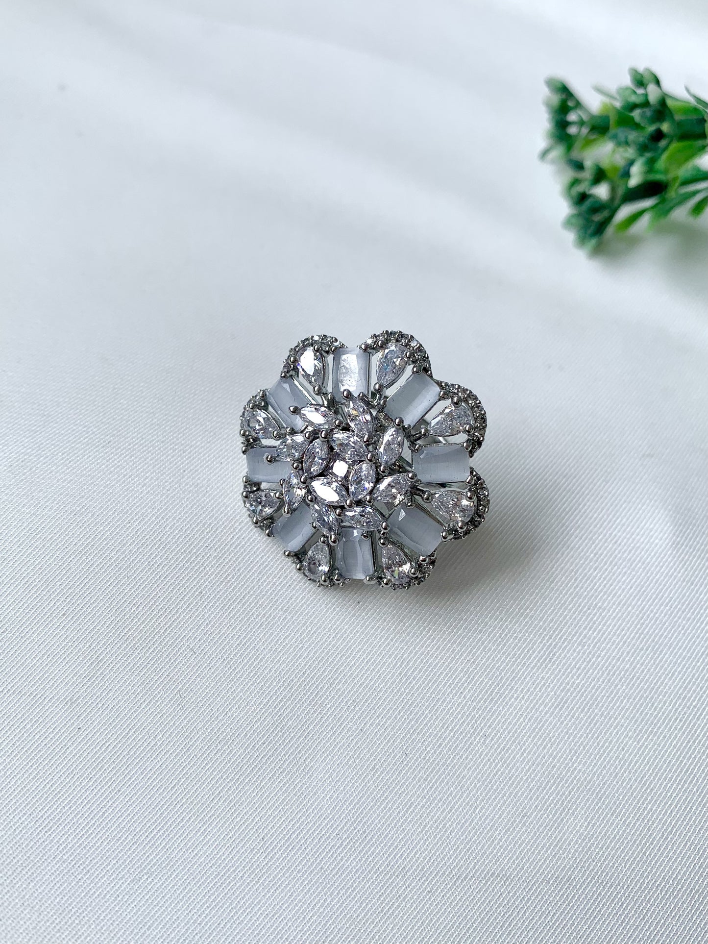 Zayra Bloom Ring in Onyx with American Diamonds and rhodium plating by Zamal Jewels