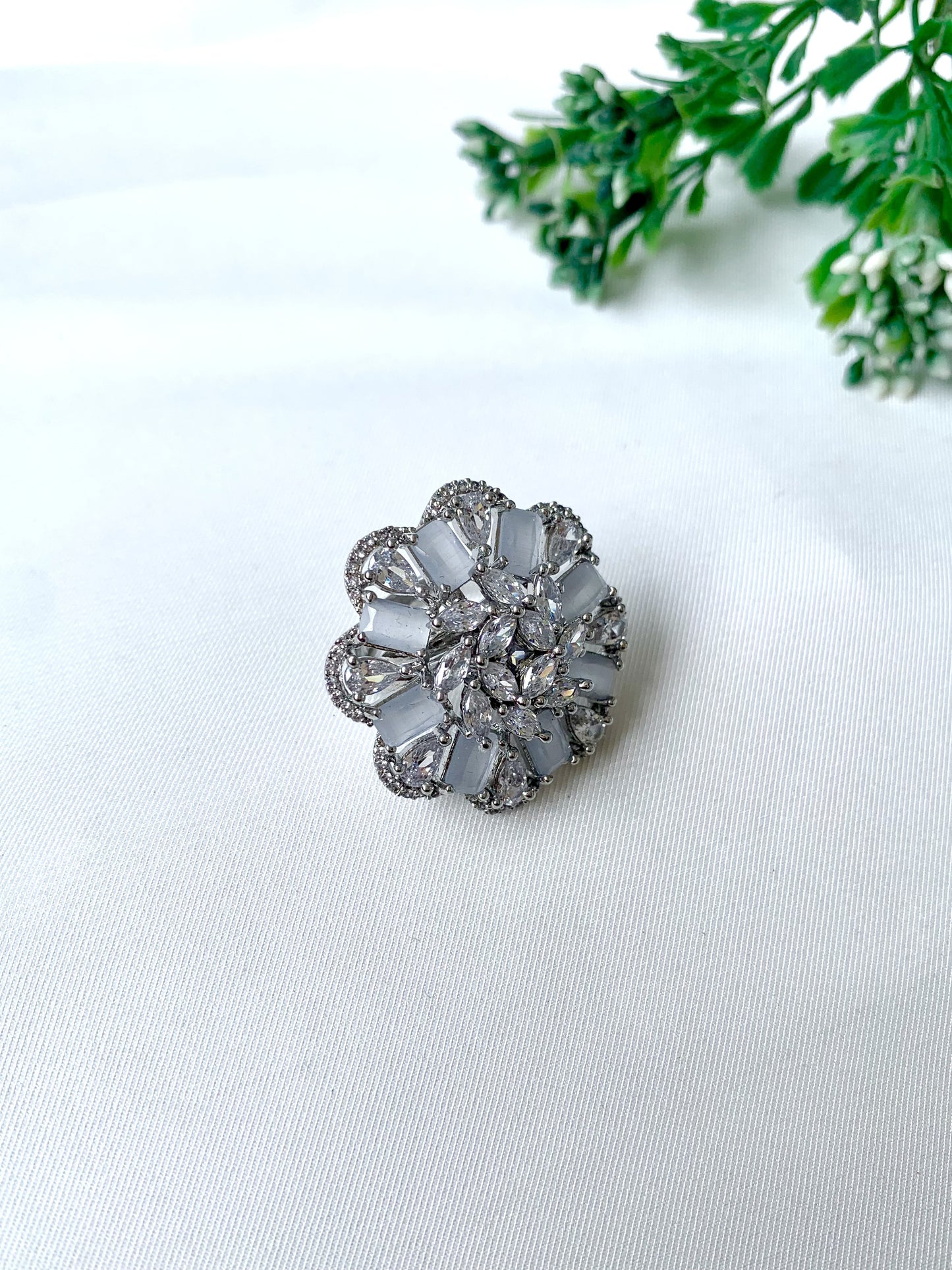 Zayra Bloom Ring in Onyx with American Diamonds and rhodium plating by Zamal Jewels