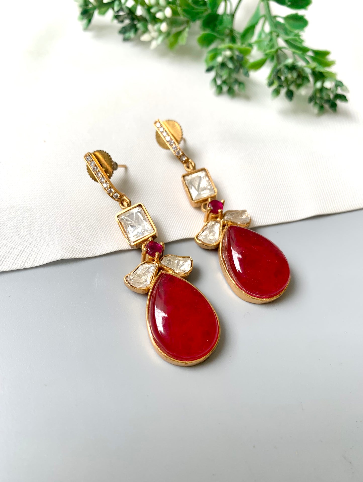 Handcrafted ruby drop earrings with American Diamonds and Moissanite in 22kt Gold Plating by Zamal Jewels